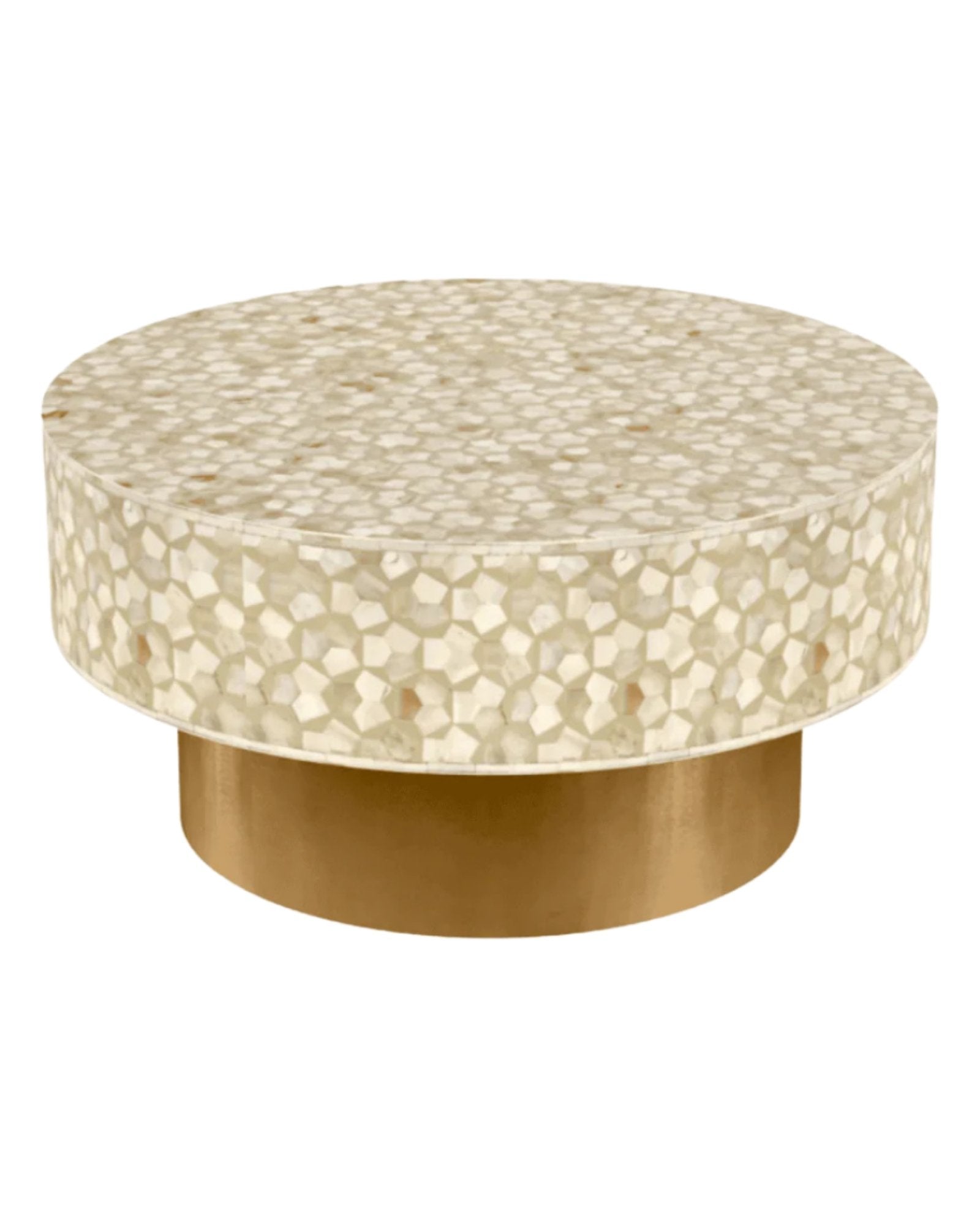Round cream bone inlay coffee table with mosaic pattern and a gold base. Available in two size variants for versatile use.