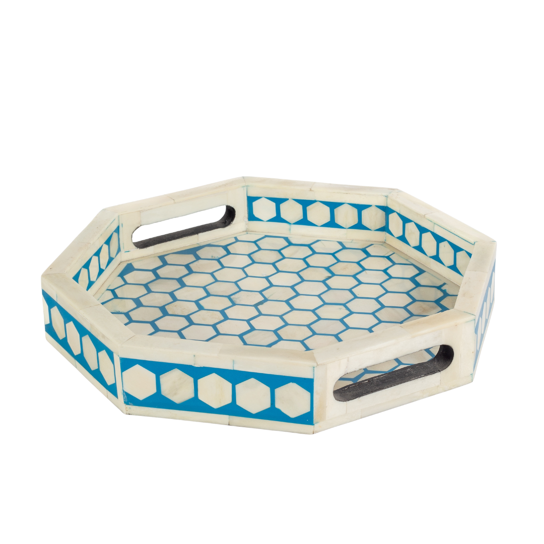 Blue bone inlay tray with hexagonal pattern, handcrafted decorative serving tray
