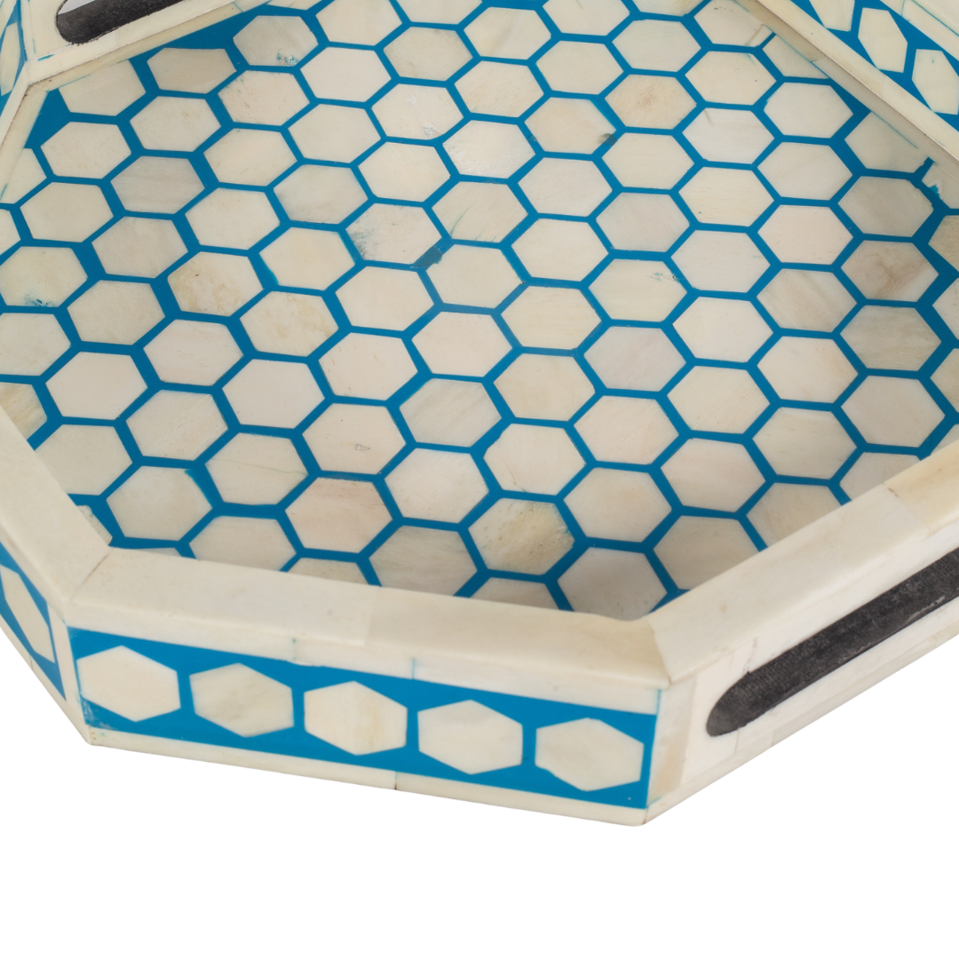 Blue bone inlay tray with hexagonal pattern, handcrafted decorative serving tray
