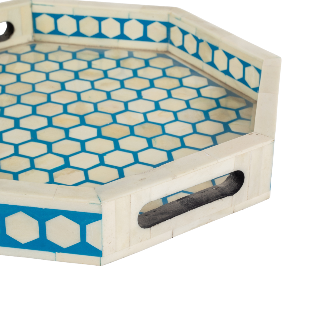 Blue bone inlay tray with hexagonal pattern, handcrafted decorative serving tray
