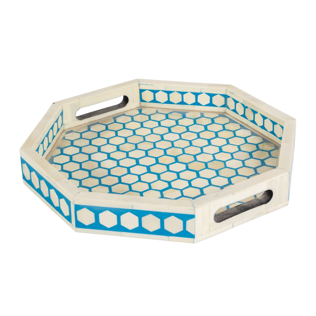 Blue bone inlay tray with hexagonal pattern, handcrafted decorative serving tray
