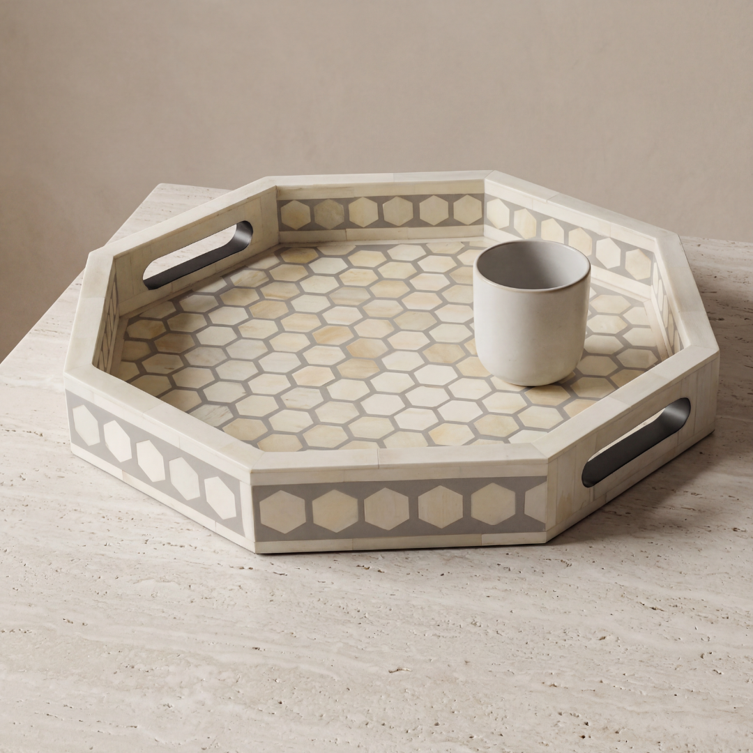 Grey bone inlay tray with hexagonal pattern, handcrafted decorative serving tray
