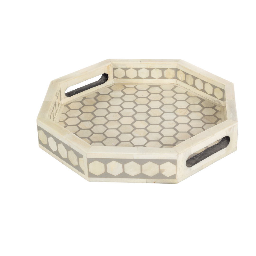 Grey bone inlay tray with hexagonal pattern, handcrafted decorative serving tray
