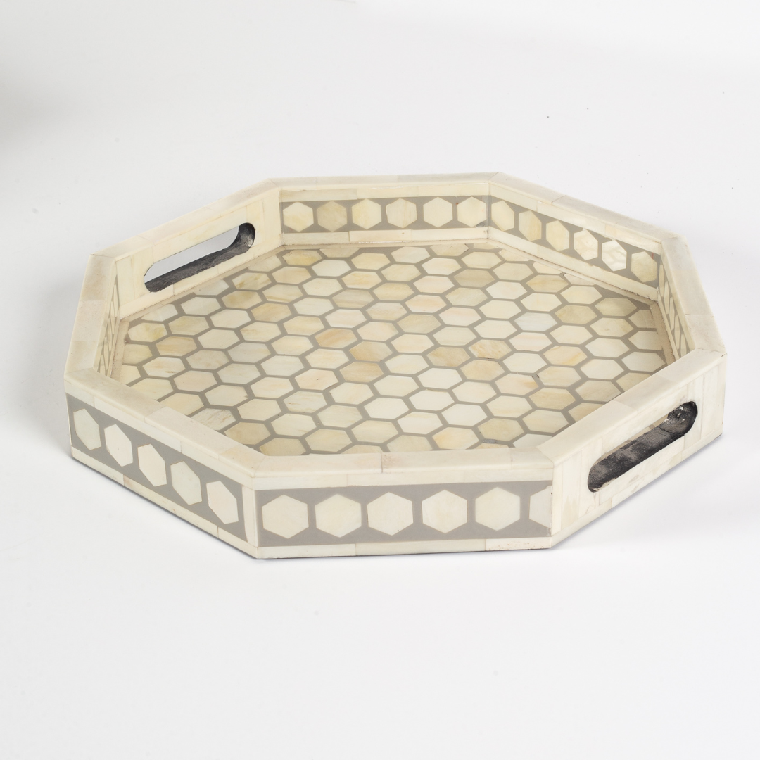 Grey bone inlay tray with hexagonal pattern, handcrafted decorative serving tray

