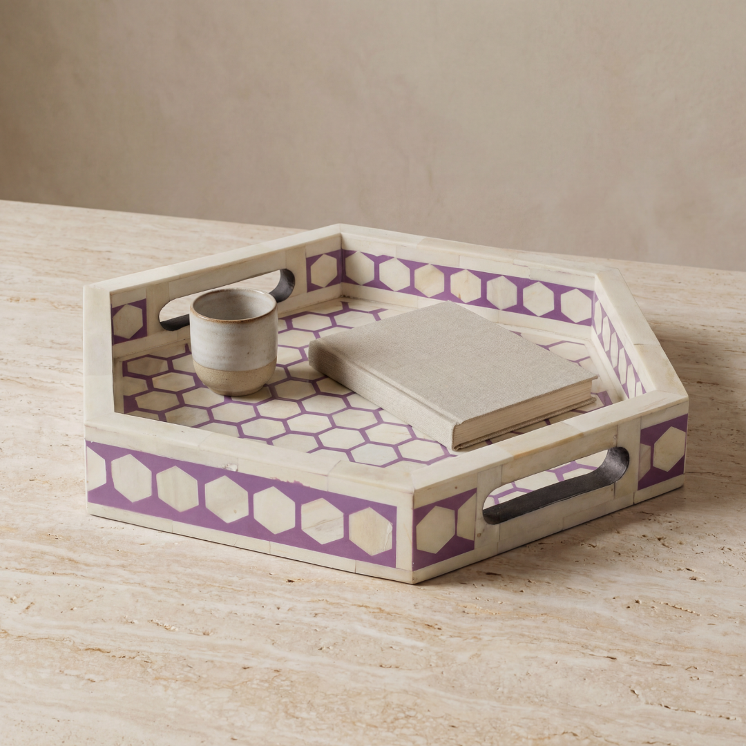 Purple bone inlay tray with hexagonal pattern, handcrafted decorative serving tray
