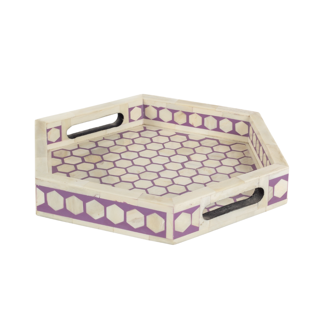 Purple bone inlay tray with hexagonal pattern, handcrafted decorative serving tray
