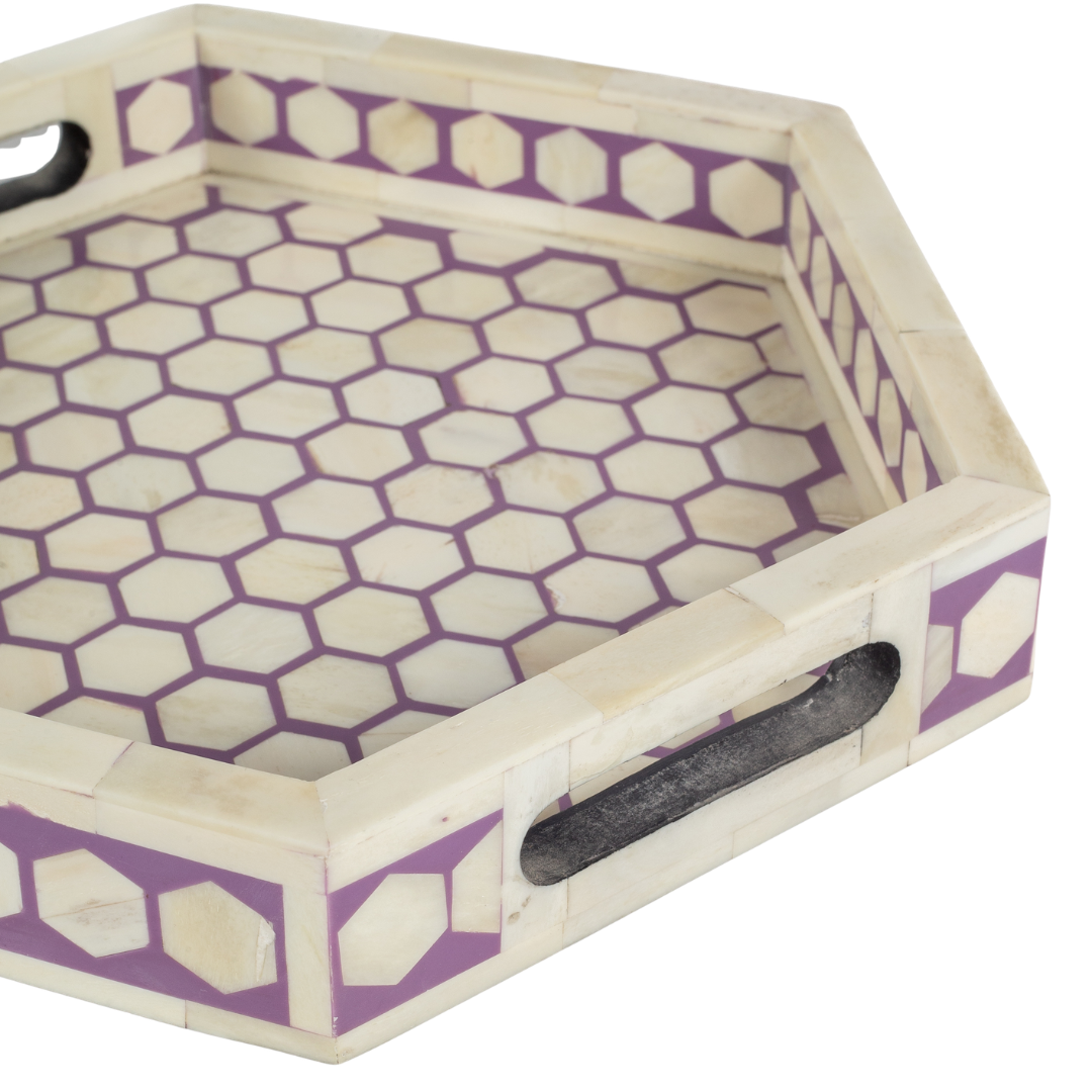 Purple bone inlay tray with hexagonal pattern, handcrafted decorative serving tray

