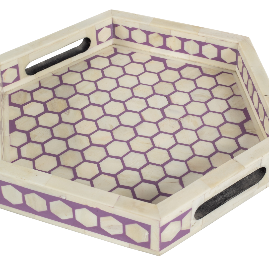 Purple bone inlay tray with hexagonal pattern, handcrafted decorative serving tray
