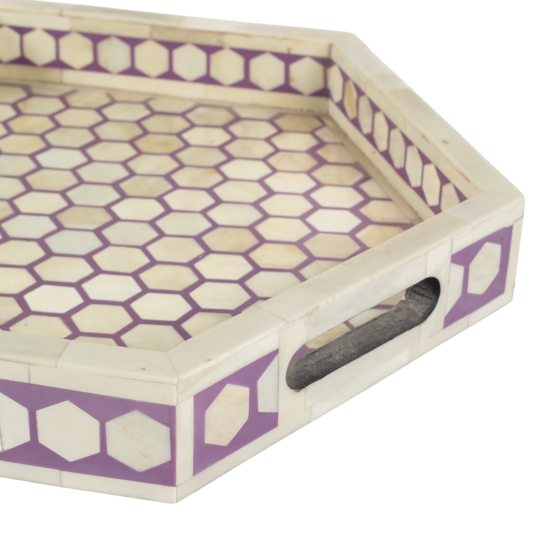 Purple bone inlay tray with hexagonal pattern, handcrafted decorative serving tray
