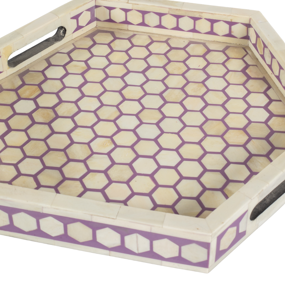 Purple bone inlay tray with hexagonal pattern, handcrafted decorative serving tray
