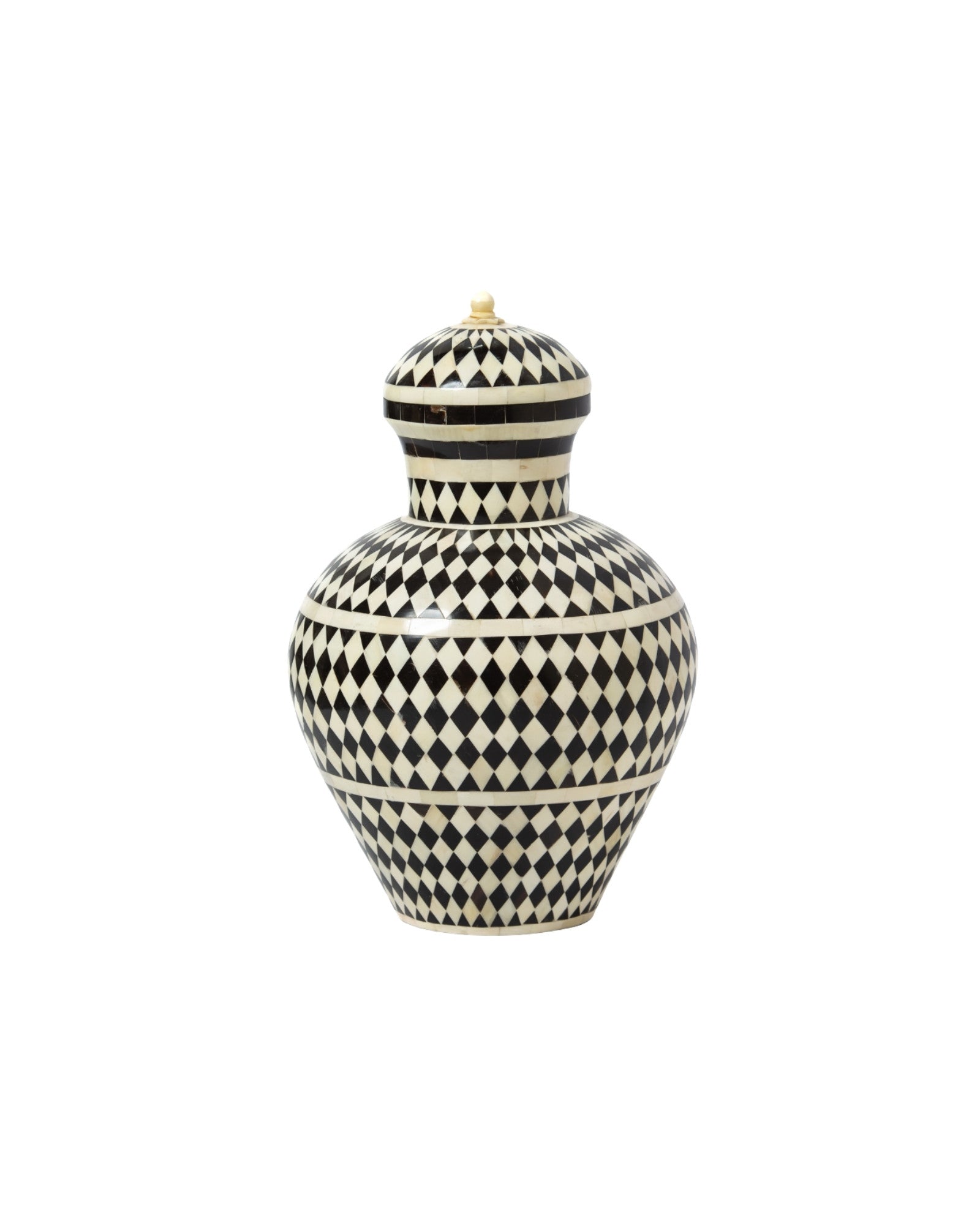 Black bone inlay vase with geometric diamond pattern, handcrafted decorative lidded vase with bold contrast design.
