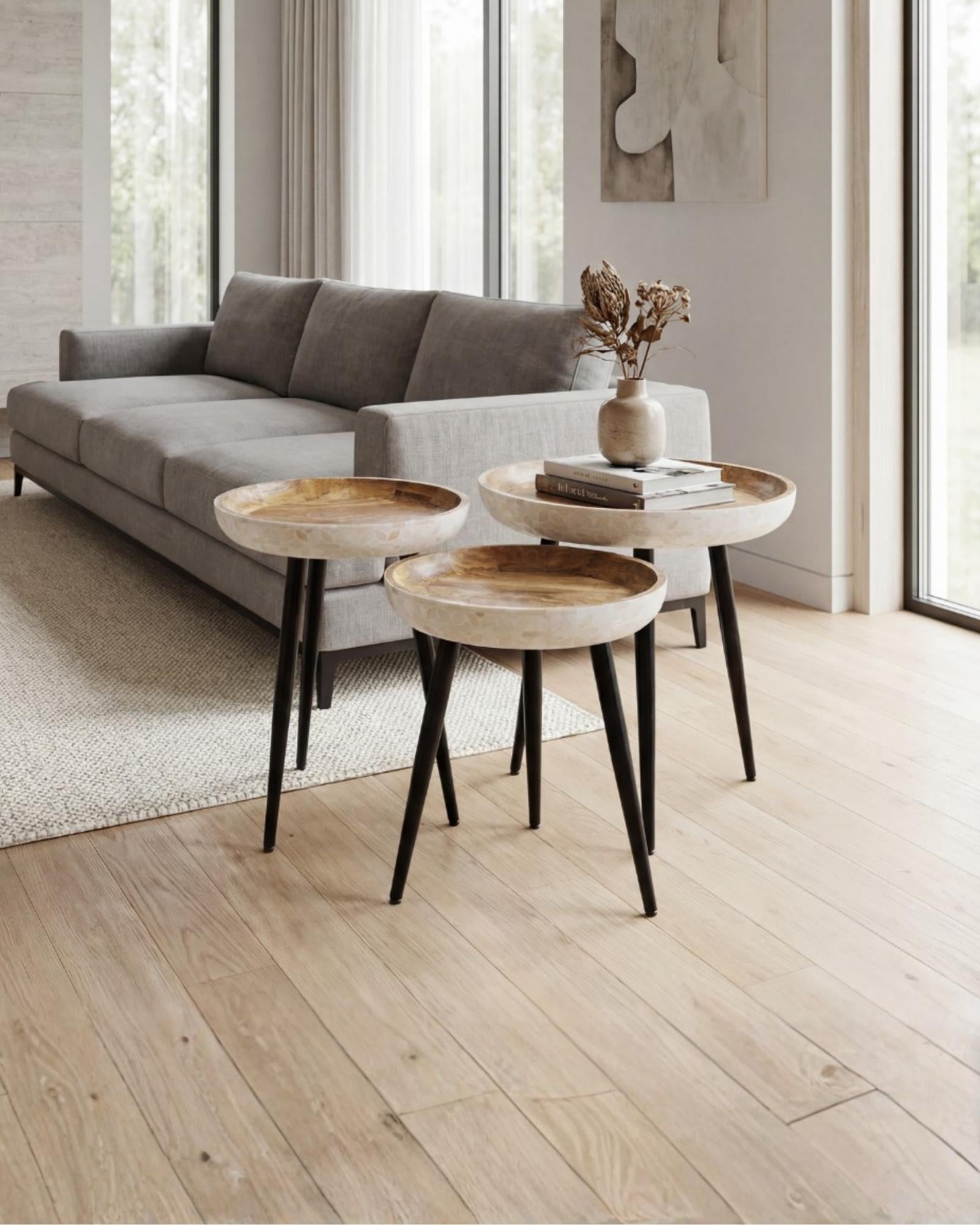 Bone inlay side table featuring textured mosaic pattern in white with wooden top, handcrafted furniture piece.