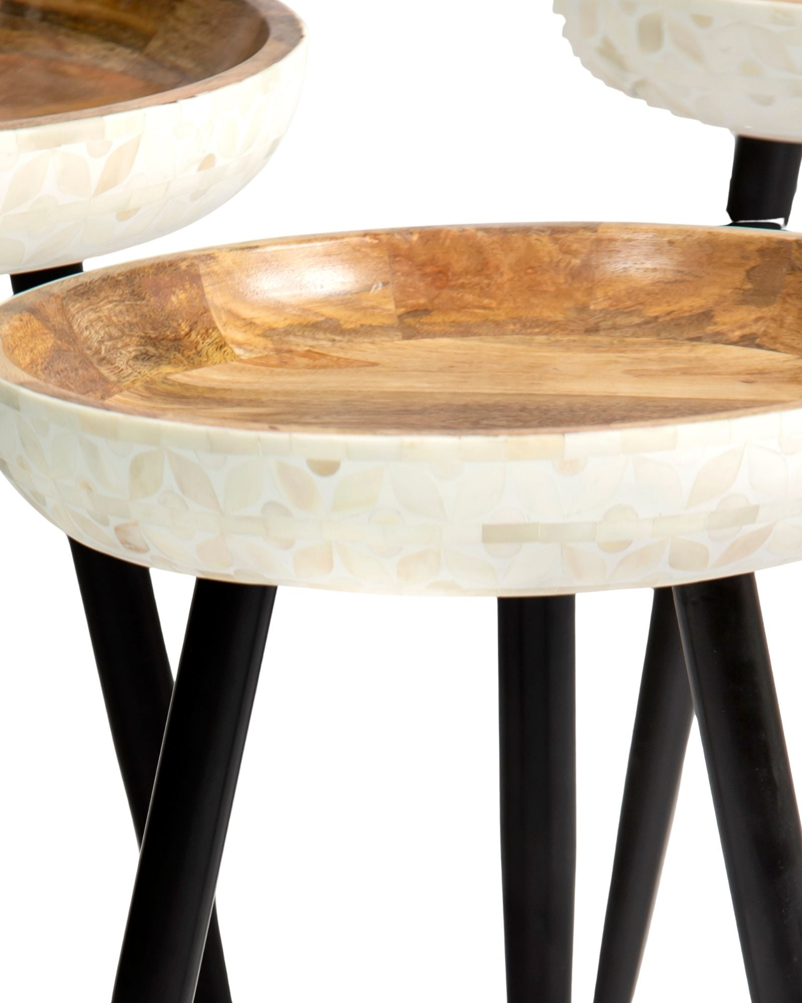 Bone inlay side table featuring textured mosaic pattern in white with wooden top, handcrafted furniture piece.