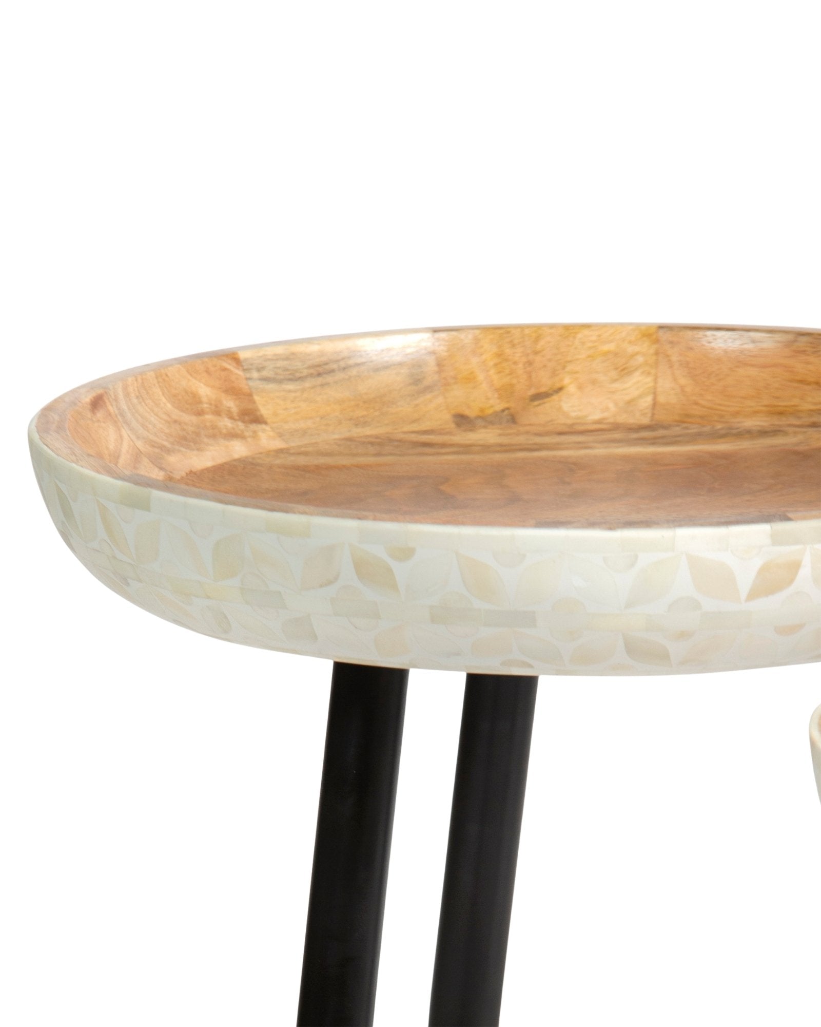 Bone inlay side table featuring textured mosaic pattern in white with wooden top, handcrafted furniture piece.