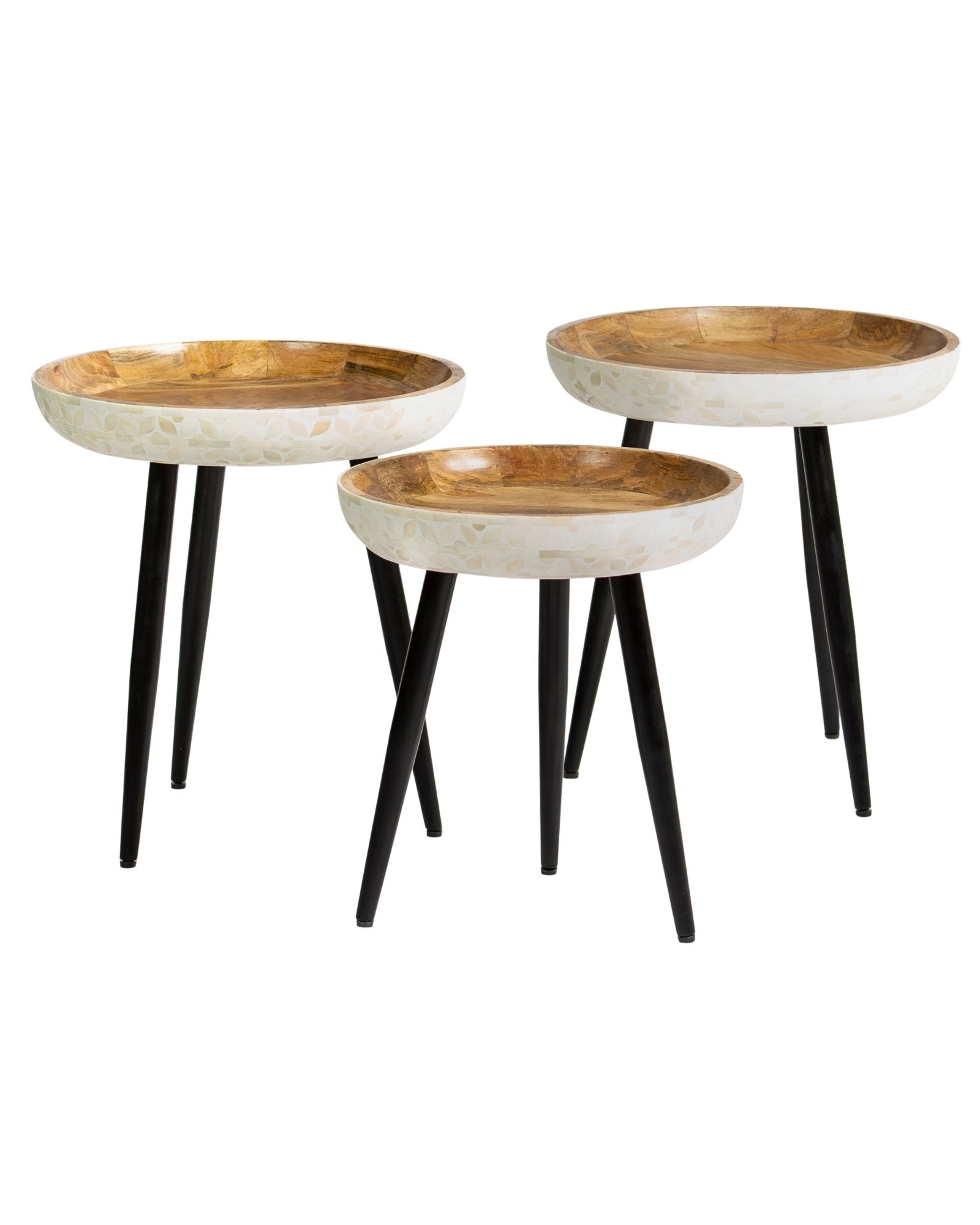 Bone inlay side table featuring textured mosaic pattern in white with wooden top, handcrafted furniture piece.