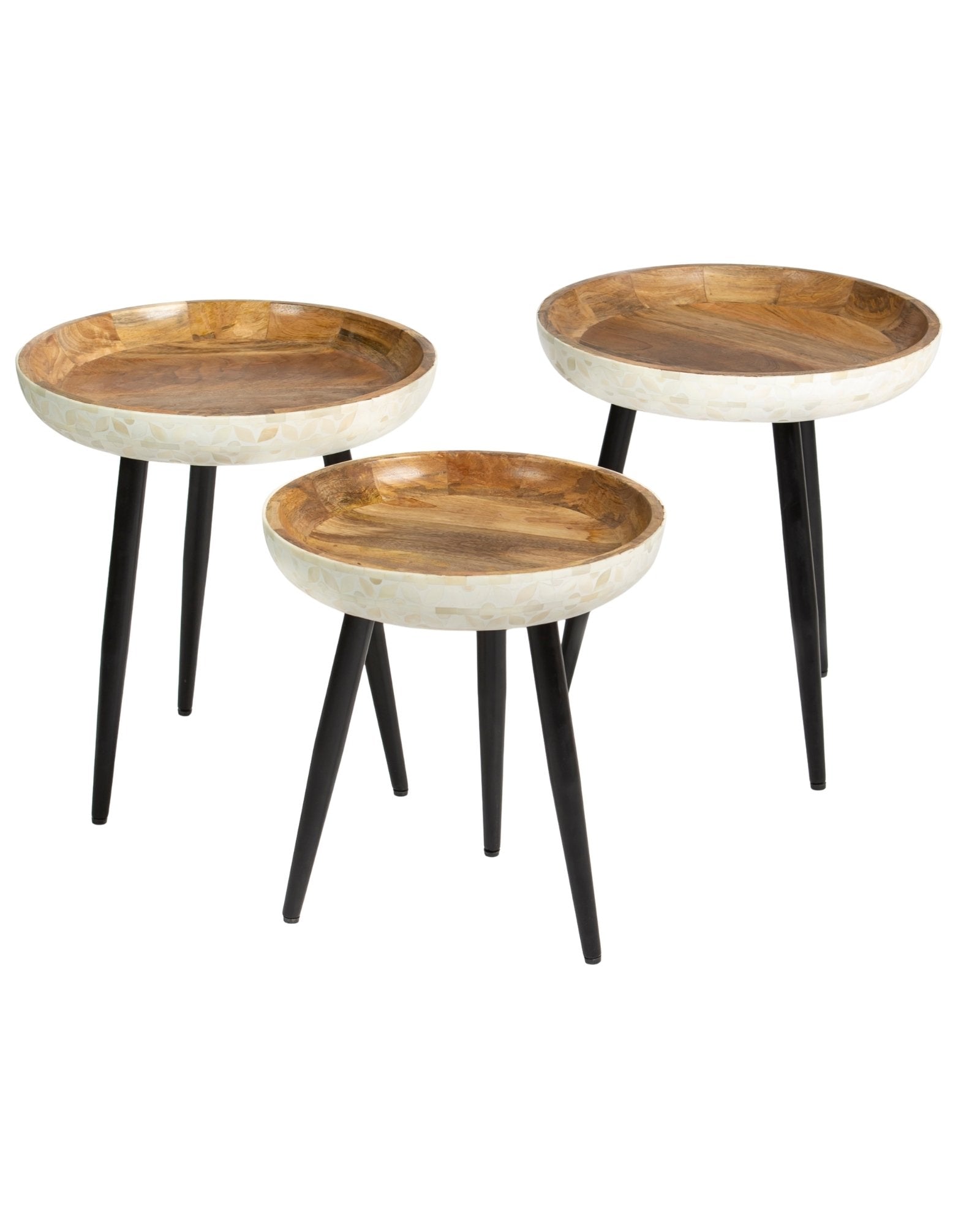 Bone inlay side table featuring textured mosaic pattern in white with wooden top, handcrafted furniture piece.