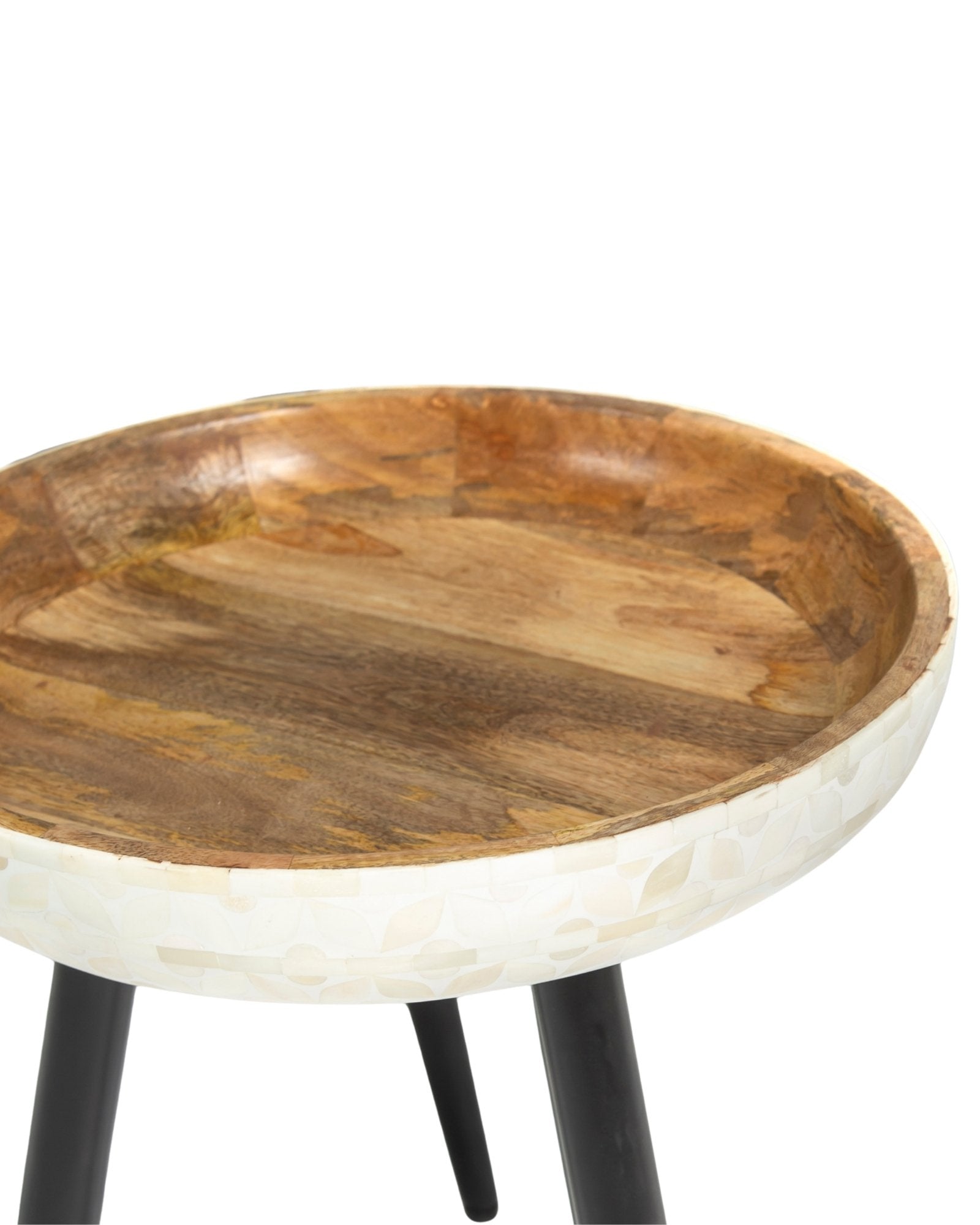 Bone inlay side table featuring textured mosaic pattern in white with wooden top, handcrafted furniture piece.