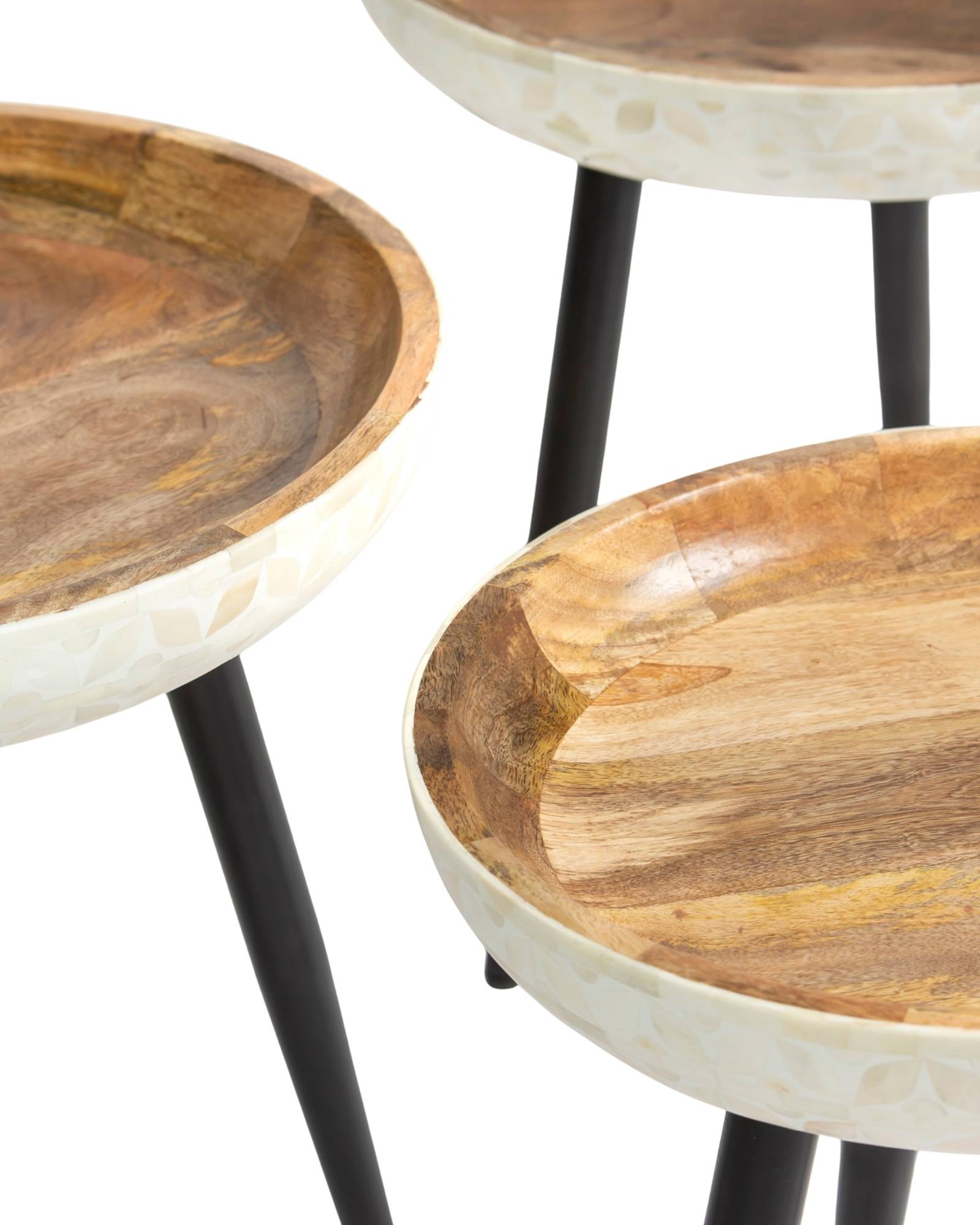 Bone inlay side table featuring textured mosaic pattern in white with wooden top, handcrafted furniture piece.