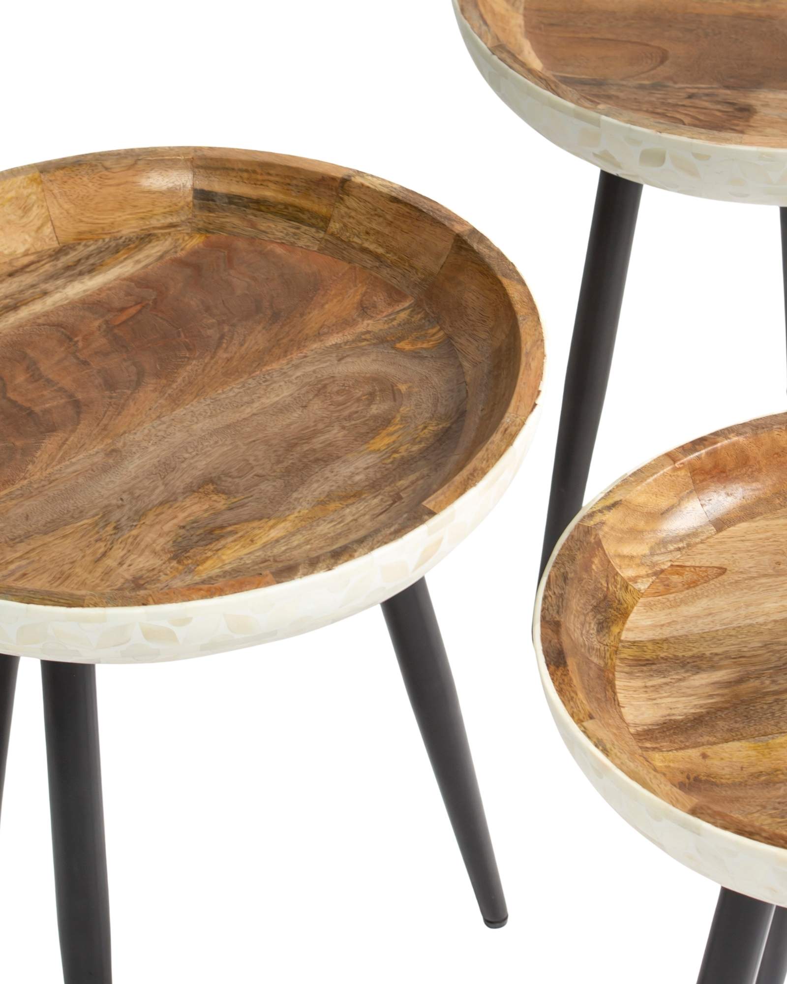 Bone inlay side table featuring textured mosaic pattern in white with wooden top, handcrafted furniture piece.