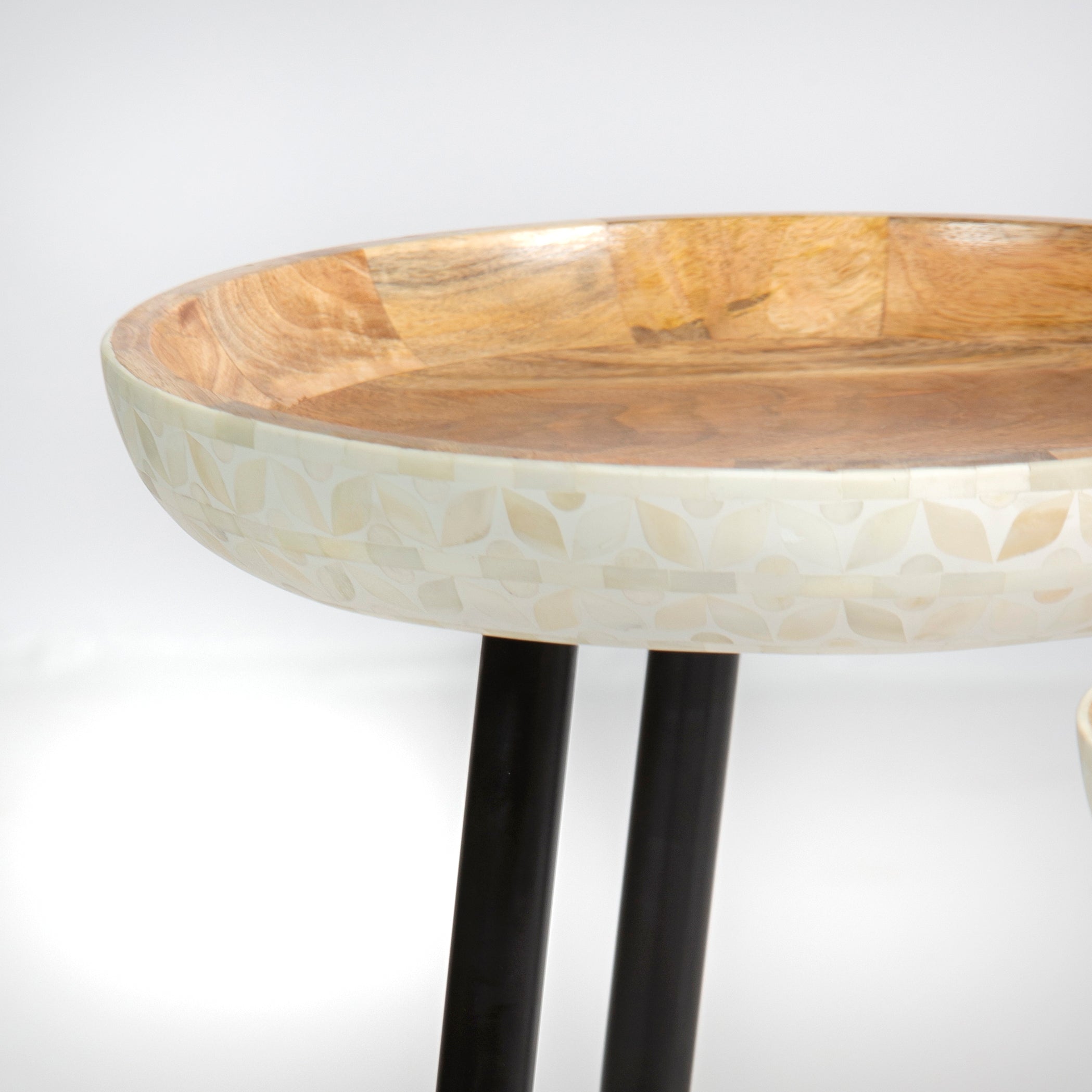 Bone inlay side table featuring textured mosaic pattern in white with wooden top, handcrafted furniture piece