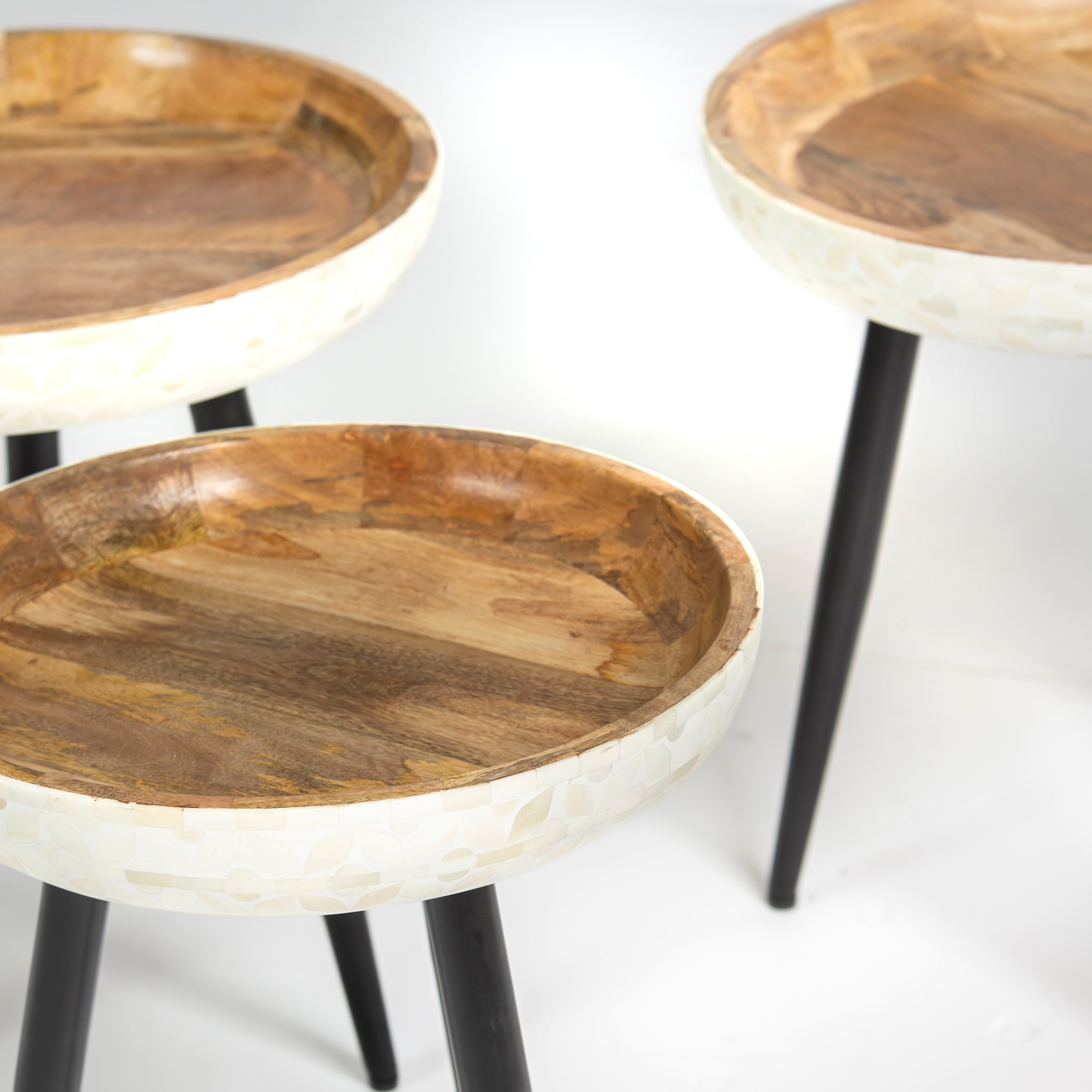 Bone inlay side table featuring textured mosaic pattern in white with wooden top, handcrafted furniture piece