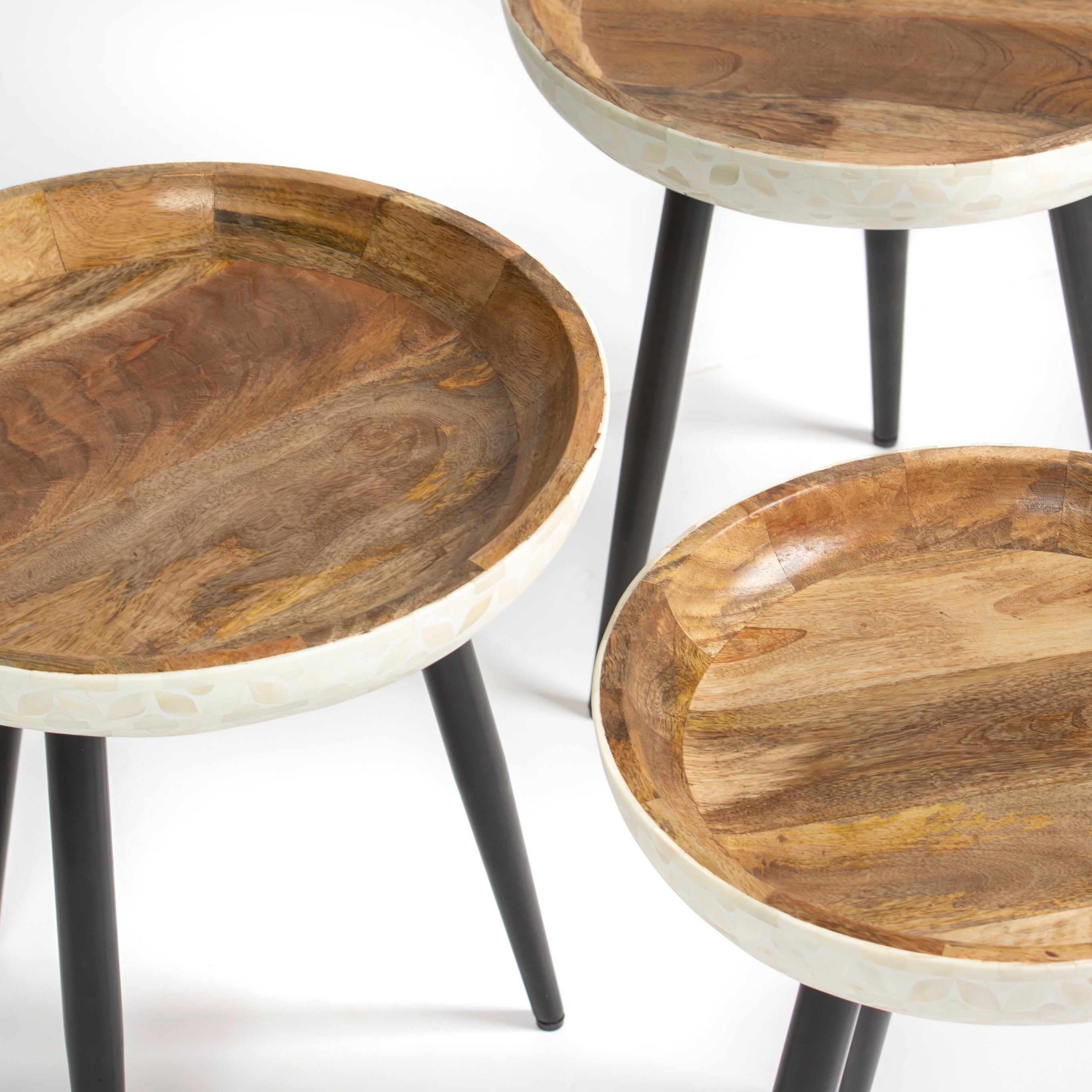 Bone inlay side table featuring textured mosaic pattern in white with wooden top, handcrafted furniture piece