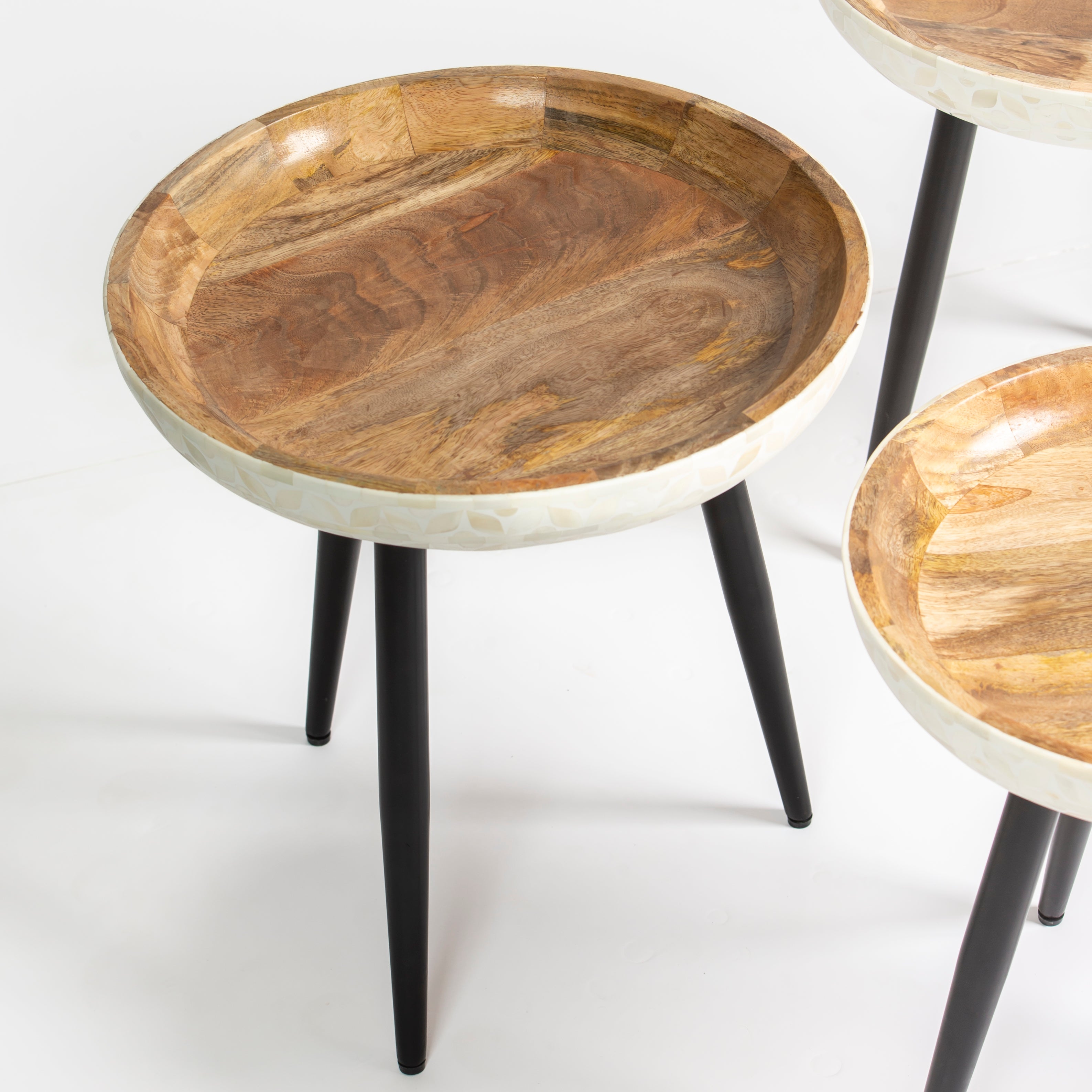 Bone inlay side table featuring textured mosaic pattern in white with wooden top, handcrafted furniture piece