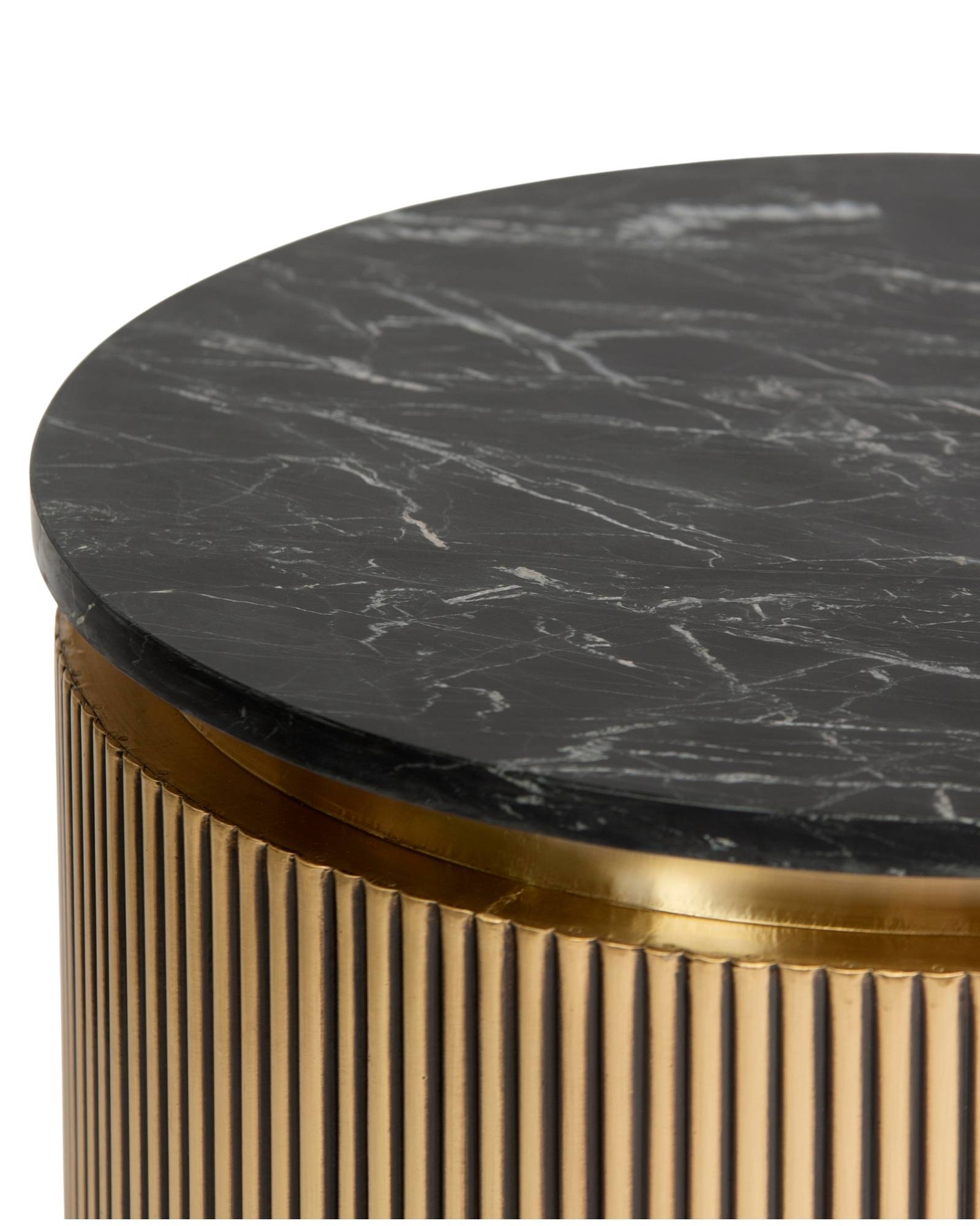 Brass clad side table featuring fluted texture with black marble top, handcrafted furniture piece.