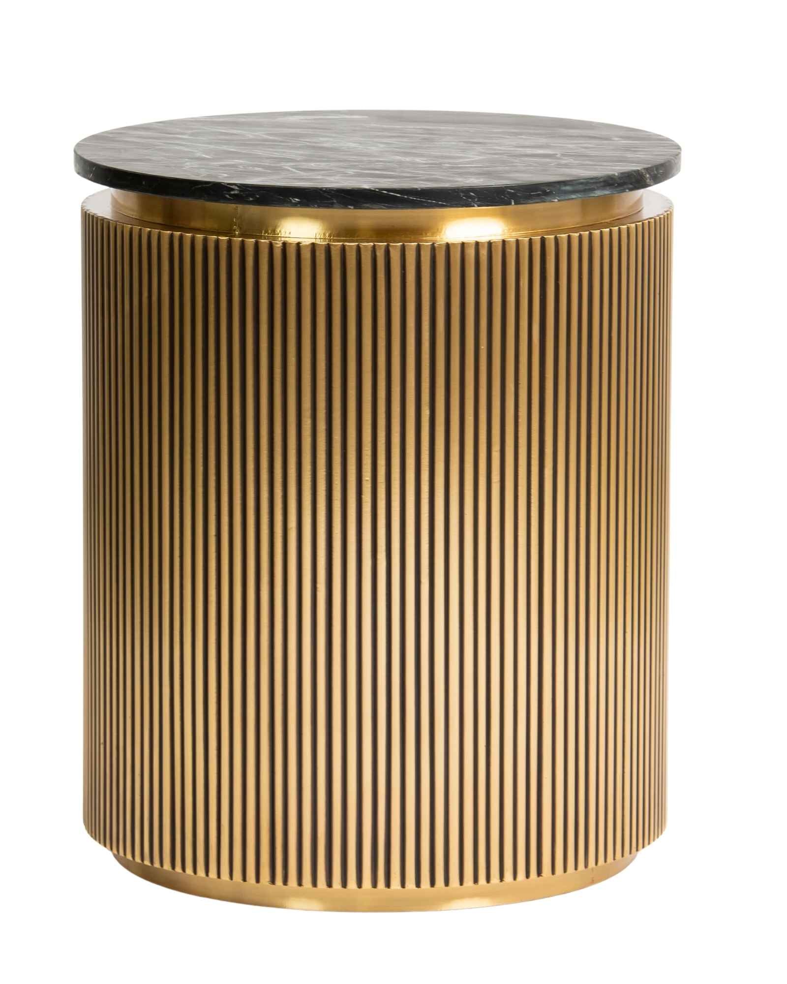Brass clad side table featuring fluted texture with black marble top, handcrafted furniture piece.