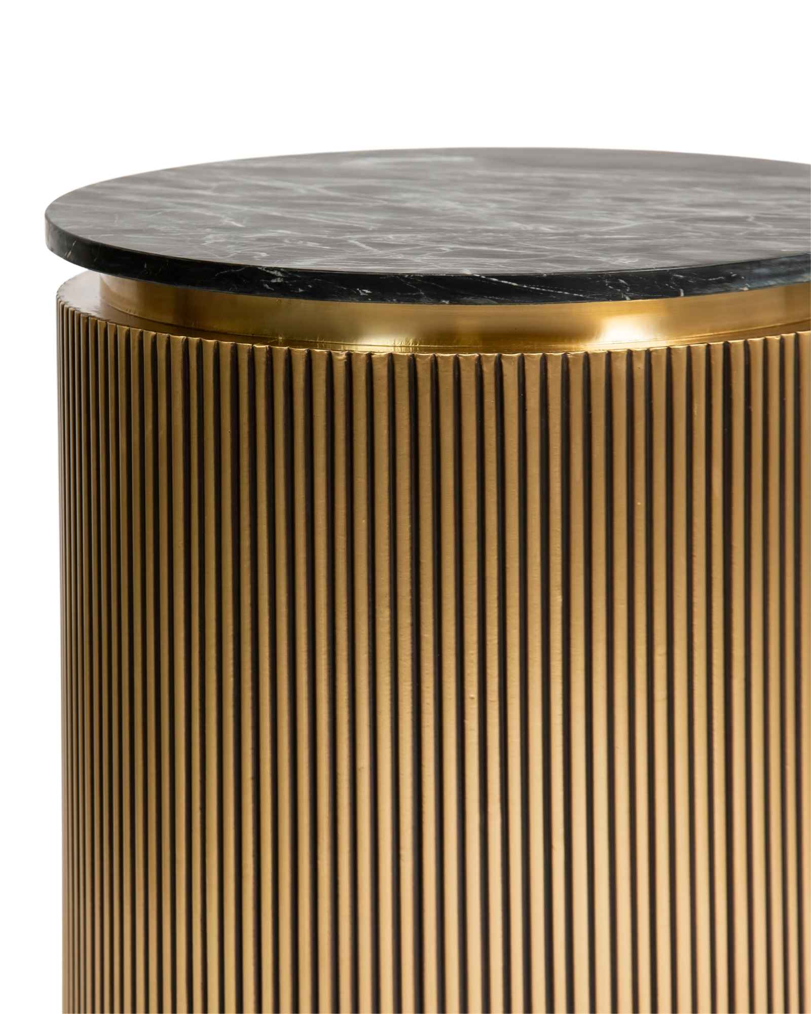 Brass clad side table featuring fluted texture with black marble top, handcrafted furniture piece.