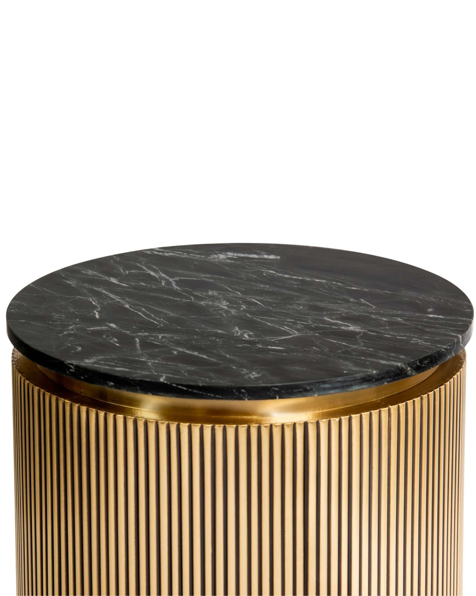 Brass clad side table featuring fluted texture with black marble top, handcrafted furniture piece.