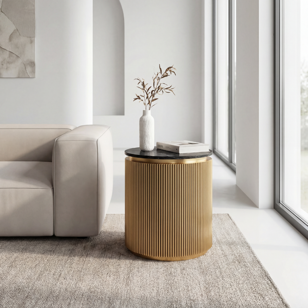 Brass clad side table featuring fluted texture with black marble top, handcrafted furniture piece
