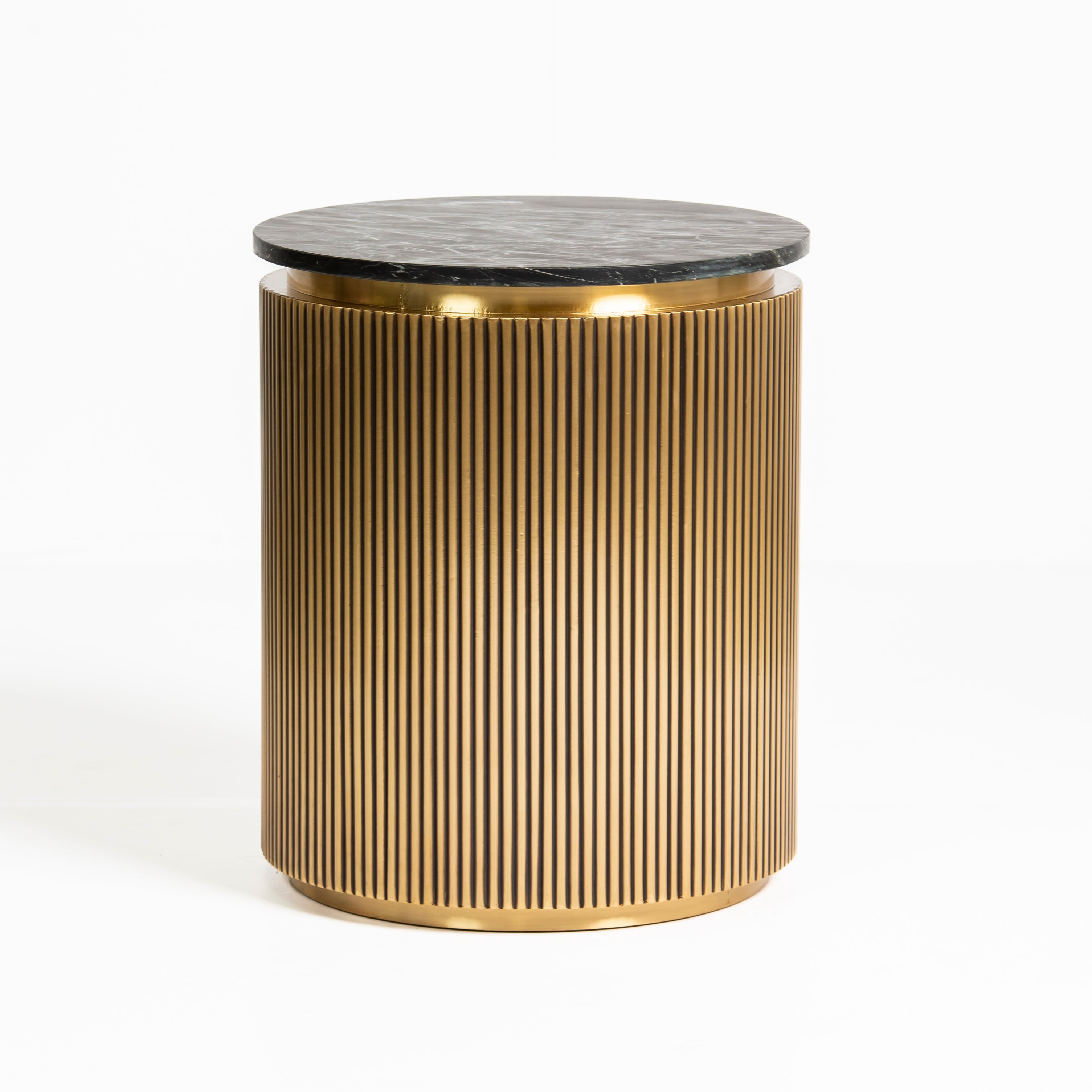 Brass clad side table featuring fluted texture with black marble top, handcrafted furniture piece