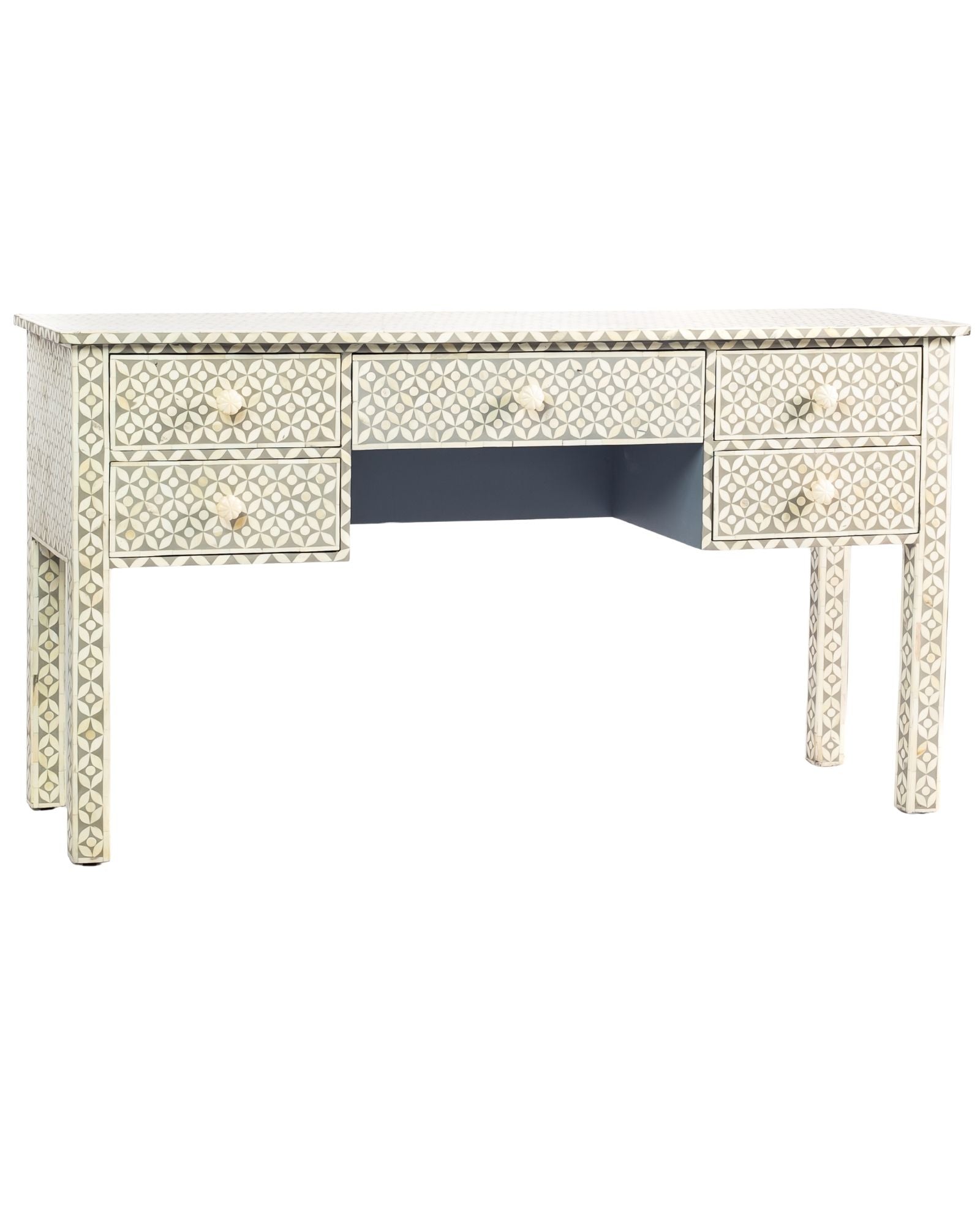 Grey bone inlay console desk with five drawers and geometric design, handcrafted with detailed knobs and artisan craftsmanship.