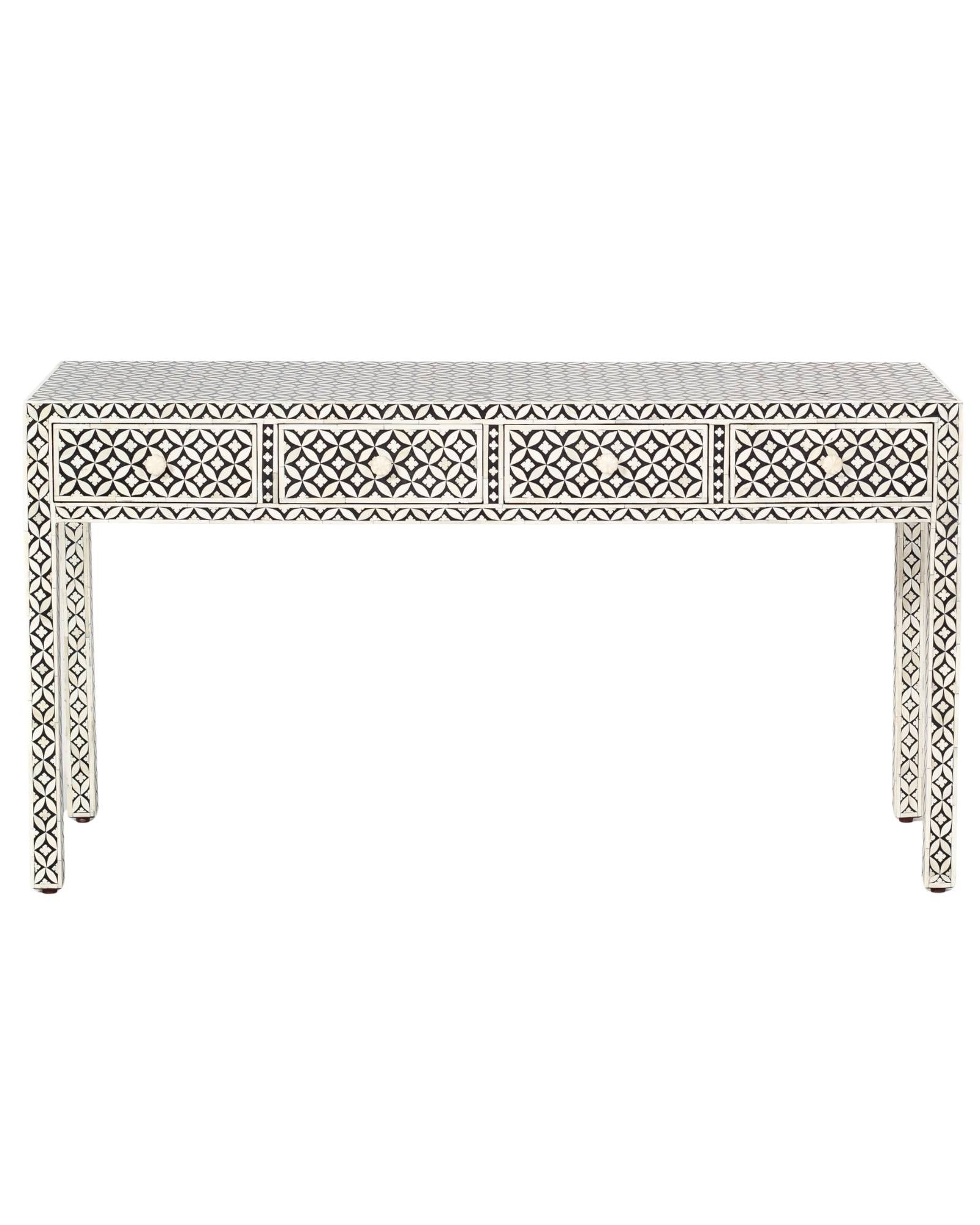 Handcrafted black and white bone inlay console table on mango wood, artisan-made heirloom by Tabeer Homes furniture.