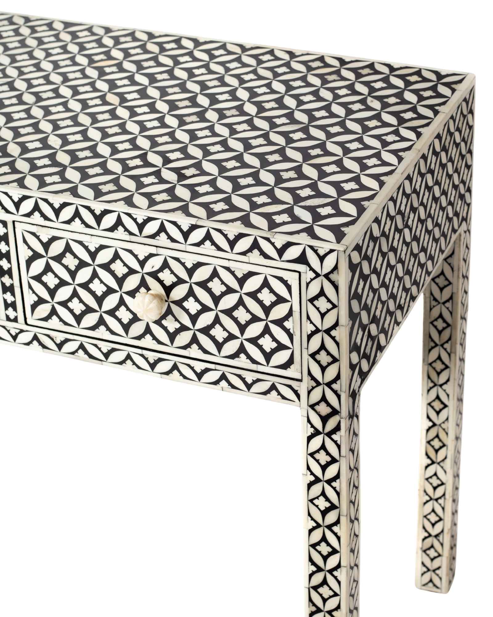 Handcrafted black and white bone inlay console table on mango wood, artisan-made heirloom by Tabeer Homes furniture.