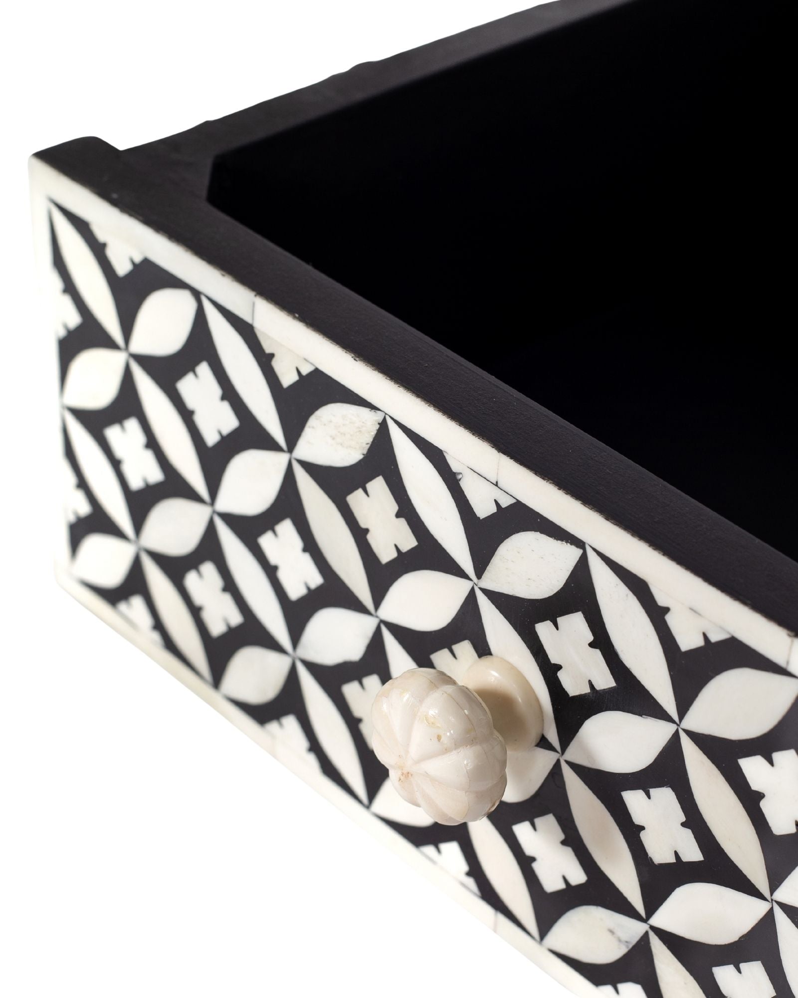 Handcrafted black and white bone inlay console table on mango wood, artisan-made heirloom by Tabeer Homes furniture.