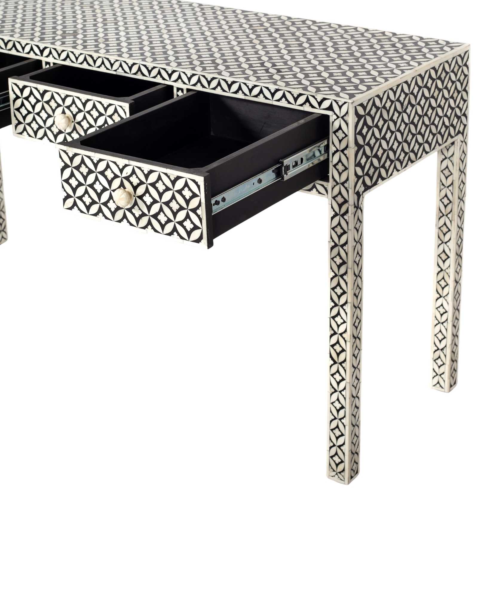 Handcrafted black and white bone inlay console table on mango wood, artisan-made heirloom by Tabeer Homes furniture.