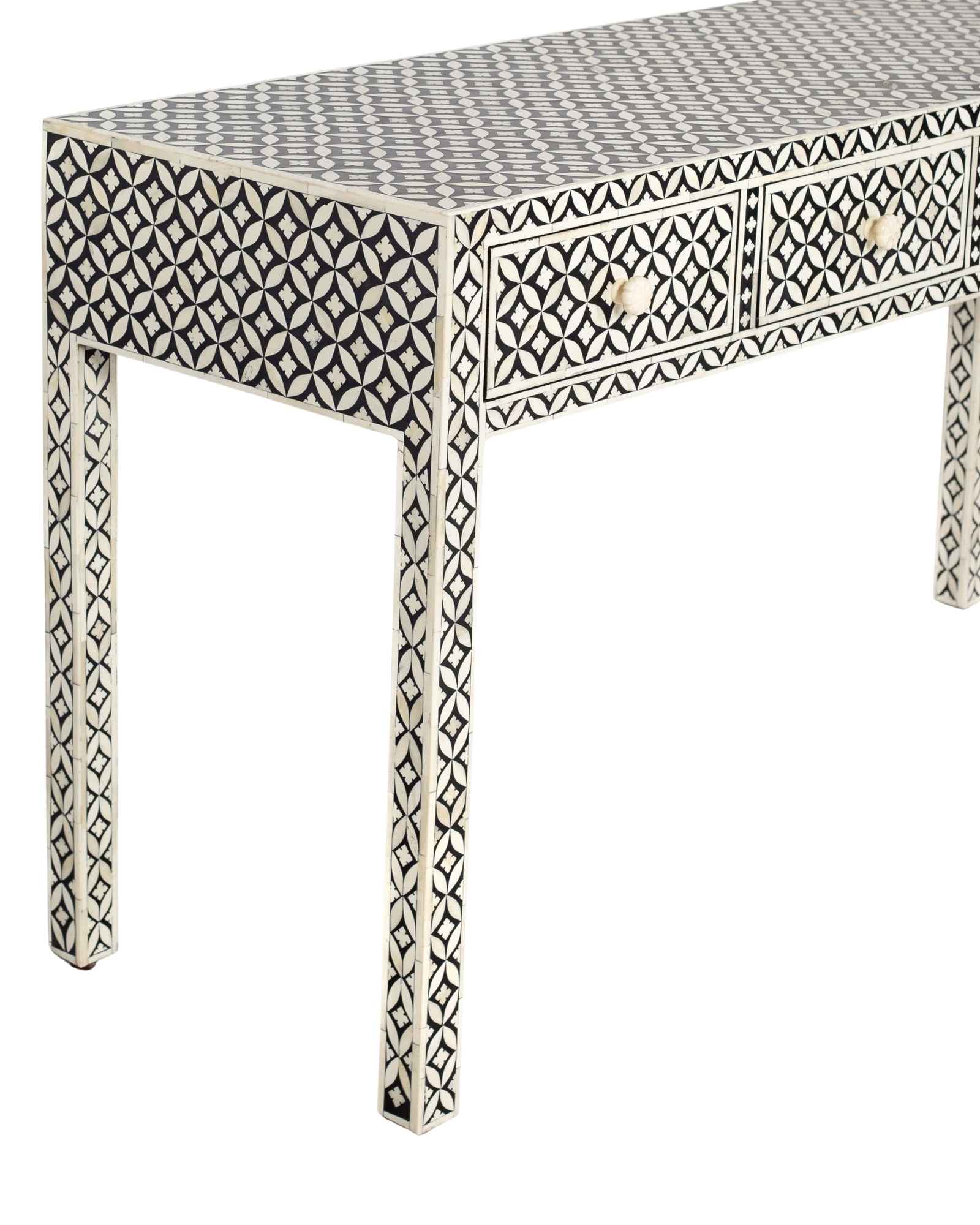 Handcrafted black and white bone inlay console table on mango wood, artisan-made heirloom by Tabeer Homes furniture.