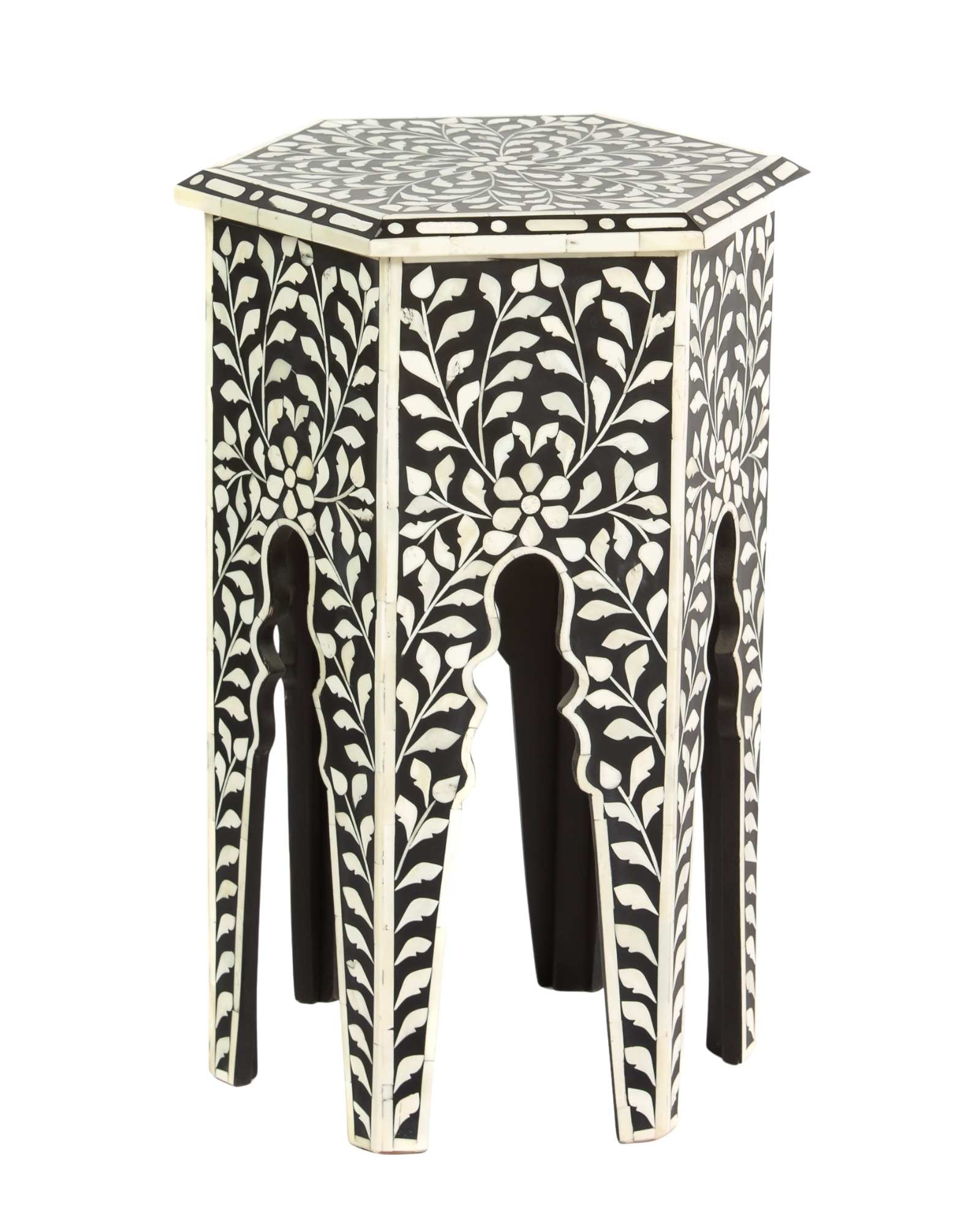 Handcrafted Yasmine side table in black bone inlay with a hexagonal form and arched legs, perfect as a refined accent piece.