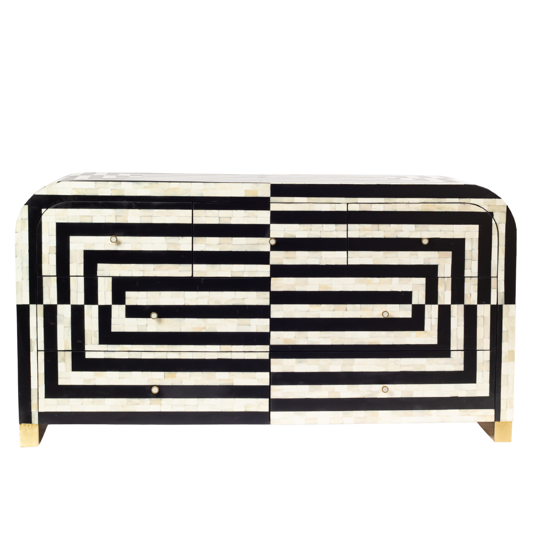 Zuri Striped Chest of Drawers in Black and white bone inlay by Tabeer Homes, featuring 7 drawers.