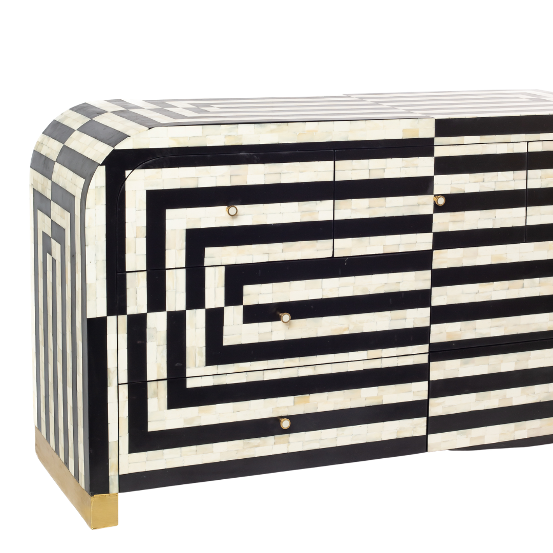 Zuri Striped Chest of Drawers in Black and white bone inlay by Tabeer Homes, featuring 7 drawers.