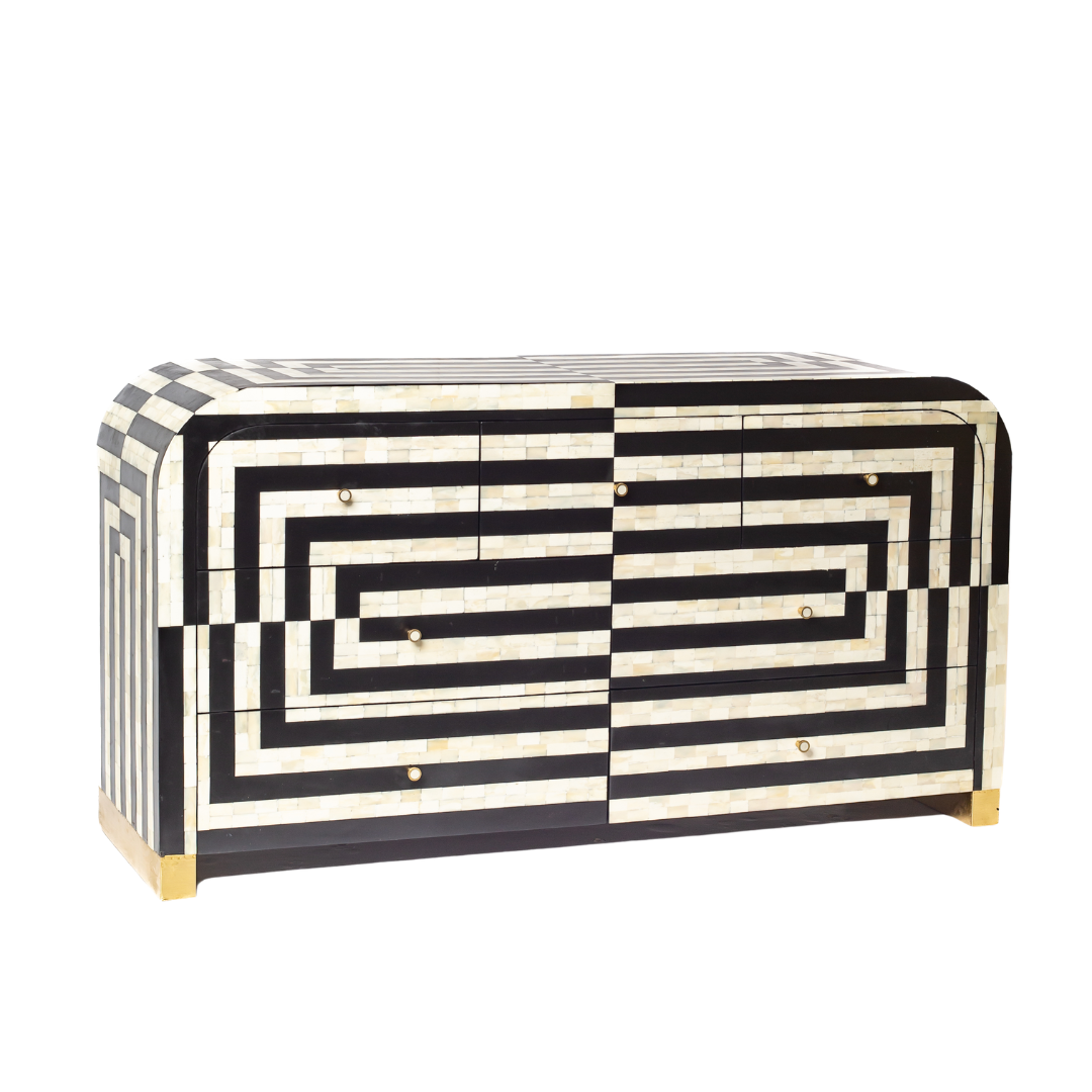 Zuri Striped Chest of Drawers in Black and white bone inlay by Tabeer Homes, featuring 7 drawers.
