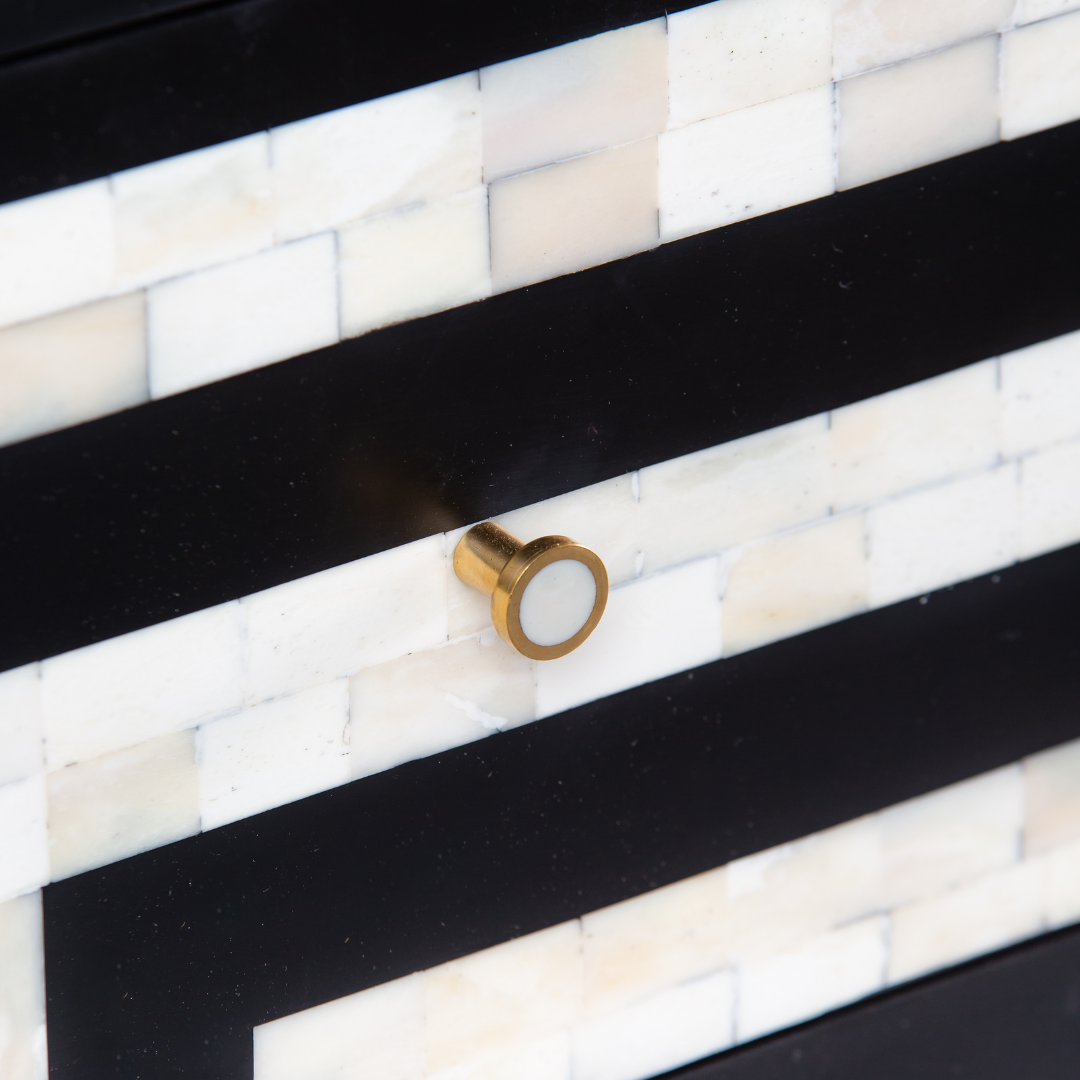 Zuri Striped Chest of Drawers in Black and white bone inlay by Tabeer Homes, featuring 7 drawers.