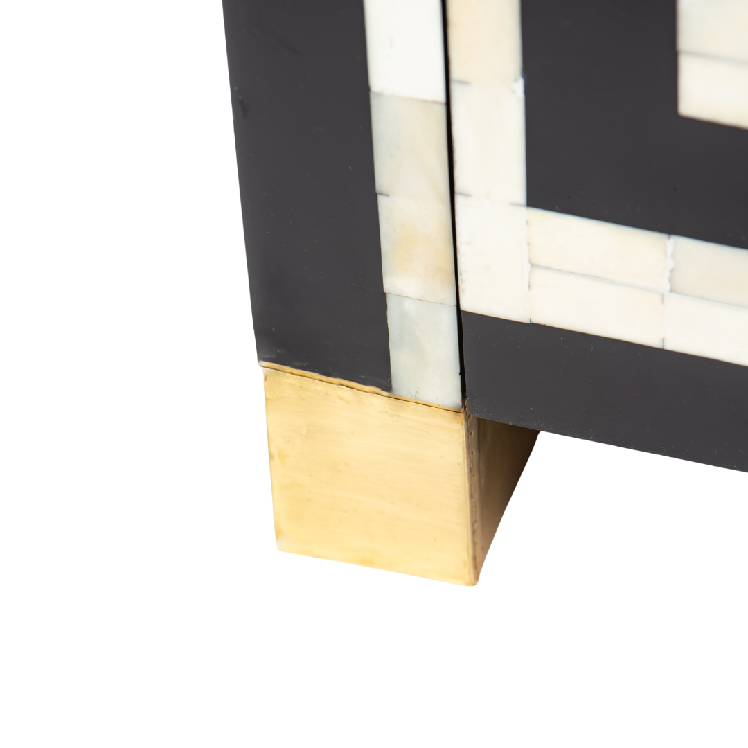 Zuri Striped Chest of Drawers in Black and white bone inlay by Tabeer Homes, featuring 7 drawers.