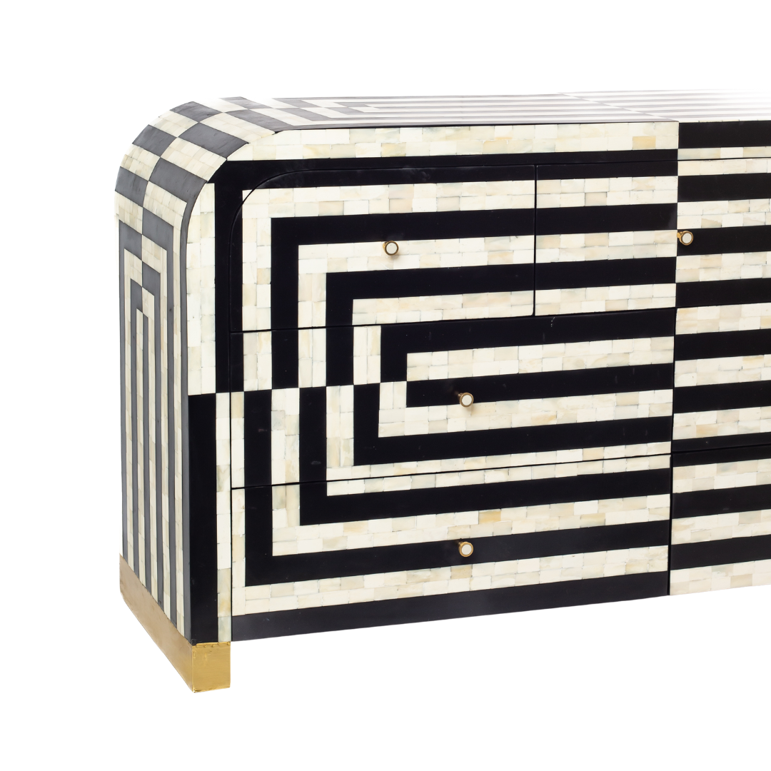 Zuri Striped Chest of Drawers in Black and white bone inlay by Tabeer Homes, featuring 7 drawers.