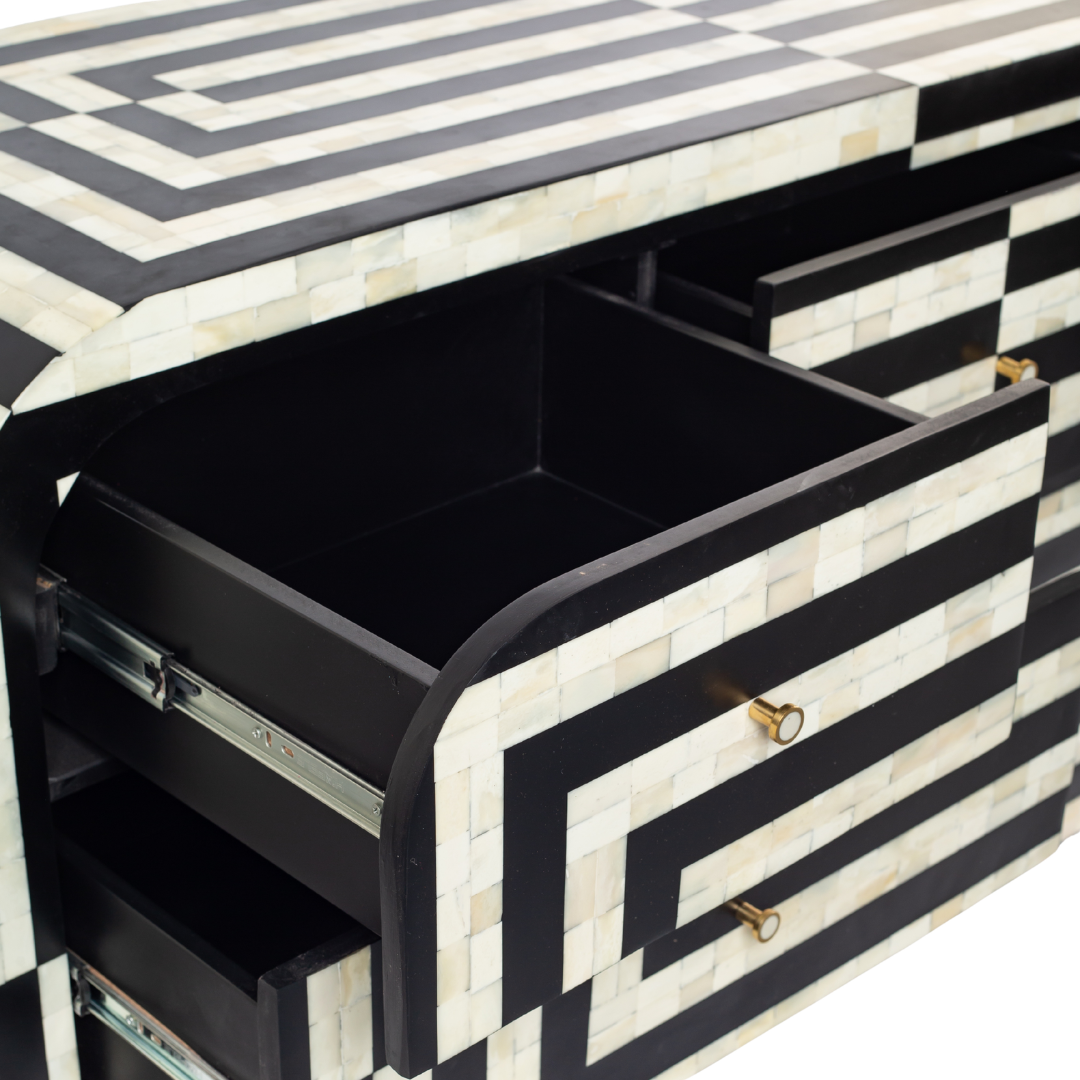 Zuri Striped Chest of Drawers in Black and white bone inlay by Tabeer Homes, featuring 7 drawers.