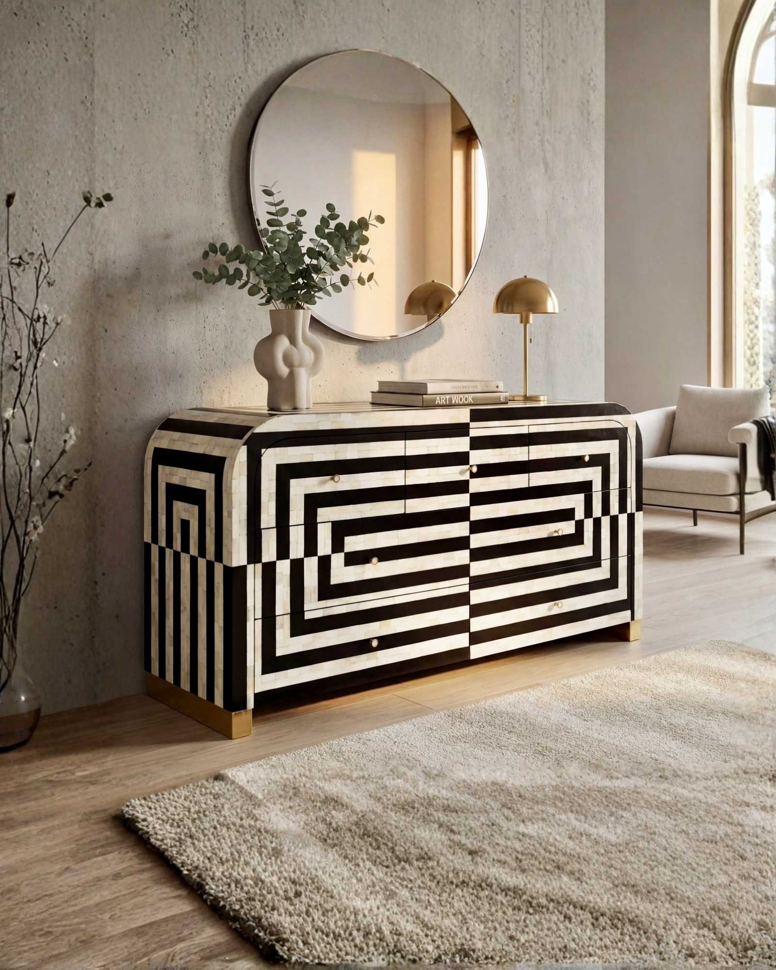 Zuri Striped Chest of Drawers in Black and white bone inlay by Tabeer Homes, featuring 7 drawers.
