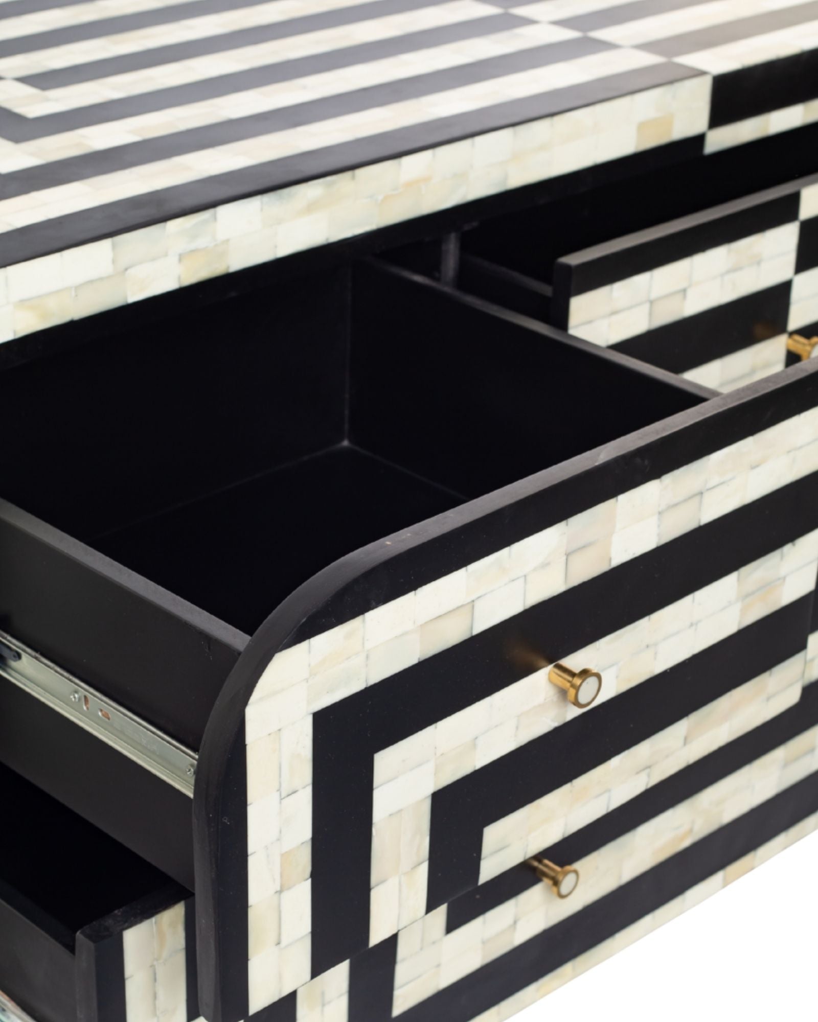 Zuri Striped Chest of Drawers in Black and white bone inlay by Tabeer Homes, featuring 7 drawers.