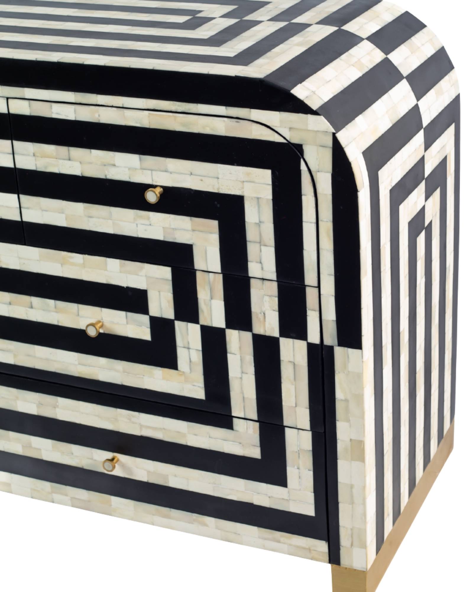 Zuri Striped Chest of Drawers in Black and white bone inlay by Tabeer Homes, featuring 7 drawers.